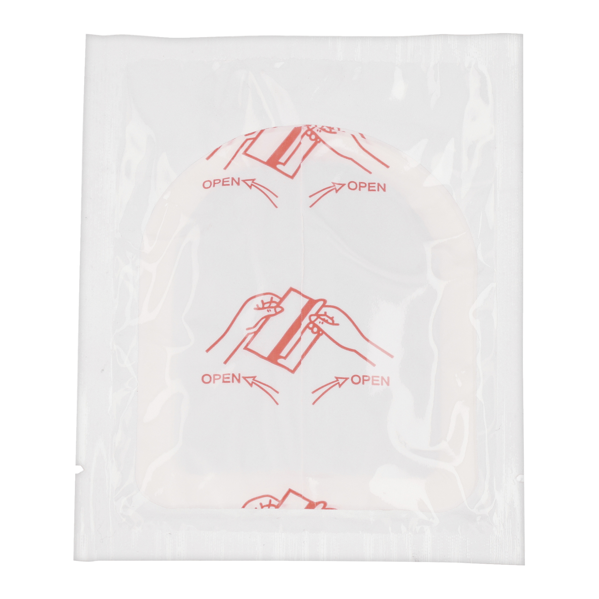Eine versiegelten, transparente Plastikverpackung zeigt rote Zeichnungen von Händen, die zeigen, wie man sie öffnet, mit dem Wort "ÖFFNEN" und Pfeilen, die anzeigen, wo und in welche Richtung man sie reißen soll. Das Kayoba Outdoor Einweg-Hand- und Fußwärmer-2-Pack befindet sich darin, ist aber nicht leicht durch die Verpackung sichtbar.
