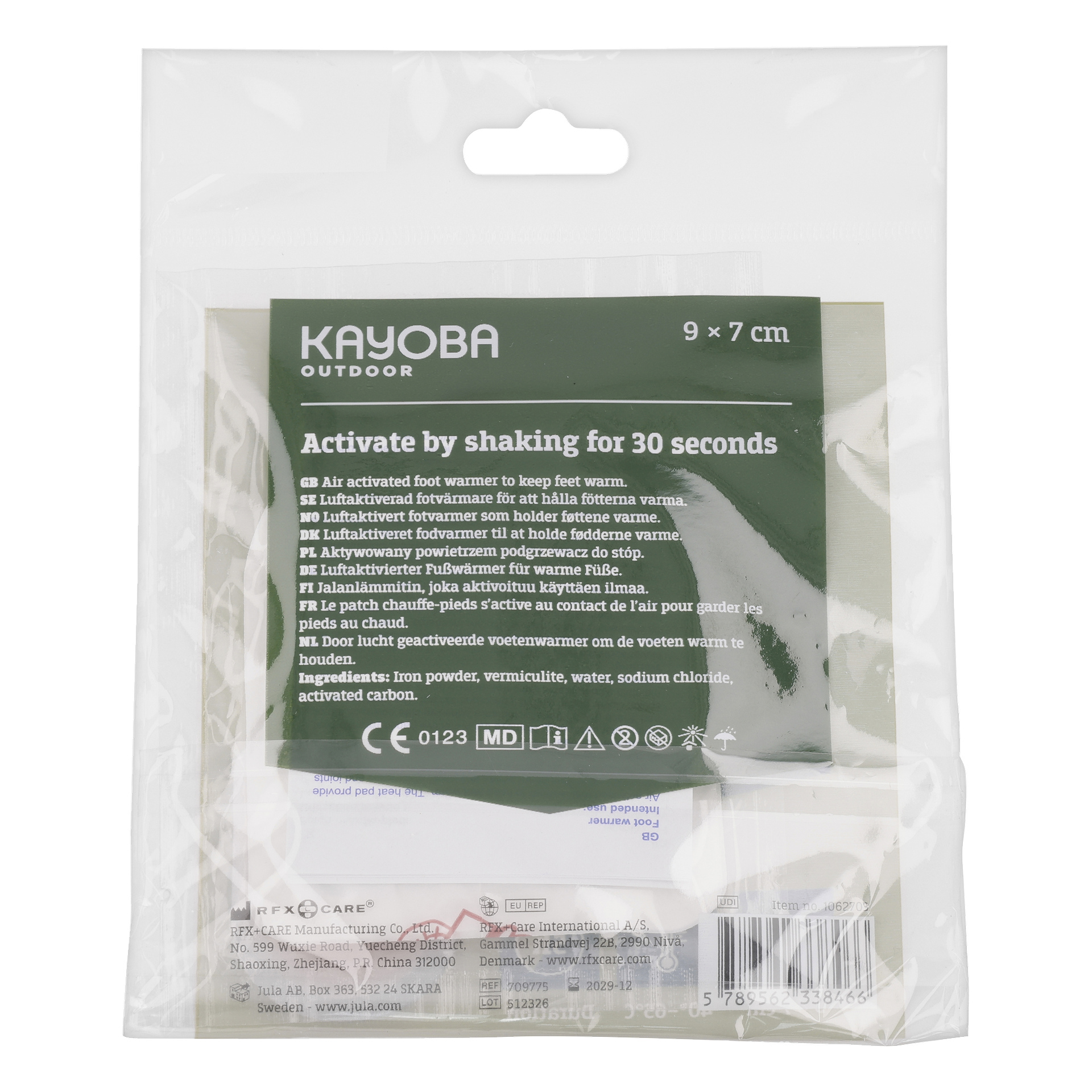 Ein 2-Pack von Kayoba Outdoor Einweg-Hand- und Fußwärmern wird gezeigt, mit einem grün-weißen Etikett auf der Anweisung, 30 Sekunden lang zu schütteln und zu aktivieren. Die Verpackung misst 9 mal 7 cm, und die Zutaten sind unten auf dem Etikett aufgeführt.