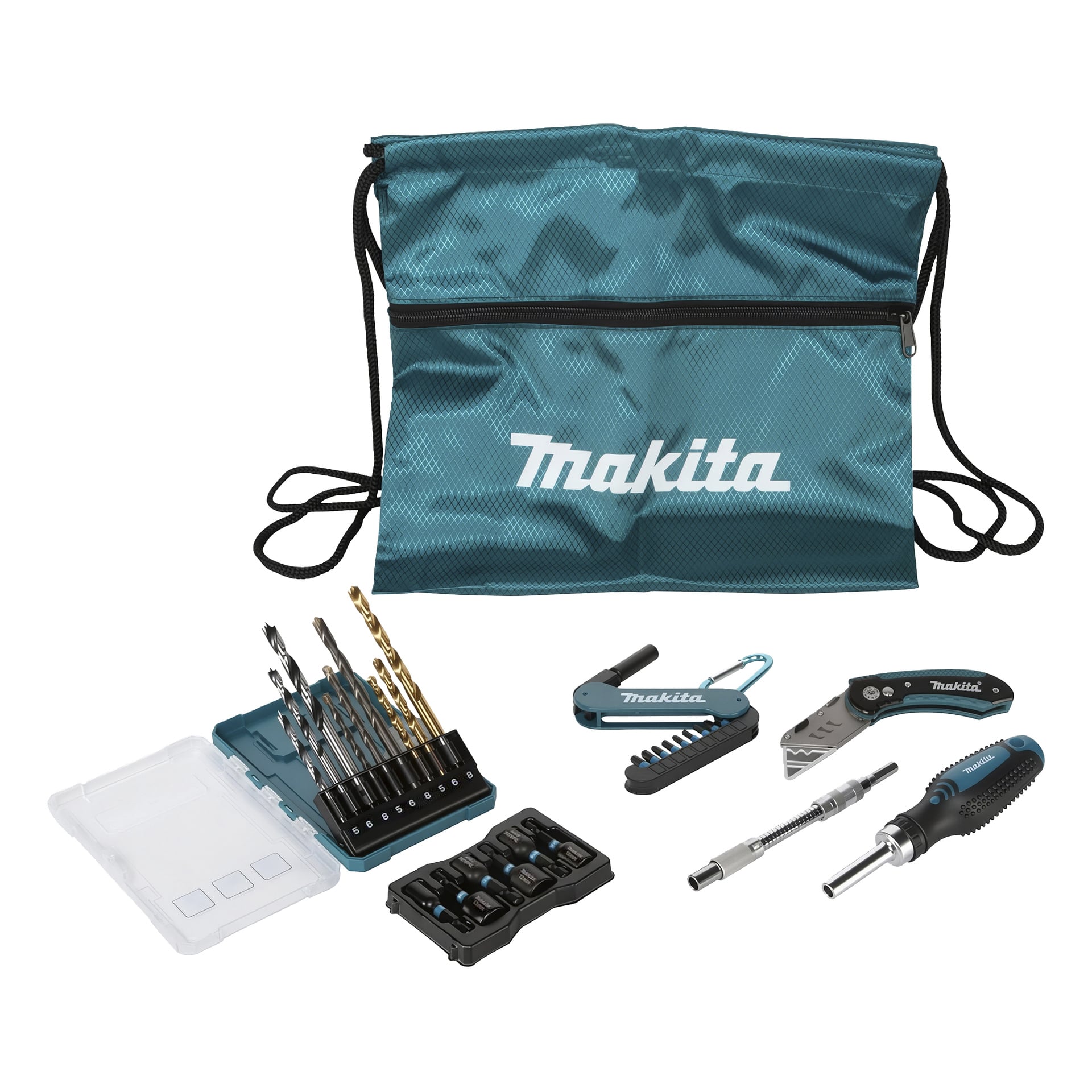 29-osainen Makita Bits and Socket Set with Accessories (E-30053) on esillä ja sisältää turkoosin Makita-kiristysnauhalaukun, apuveitsen, ruuvimeisselisin, erilaisia poranteriä, teränpidikkeen ja kirkkaan muovisen säilytyskotelon.