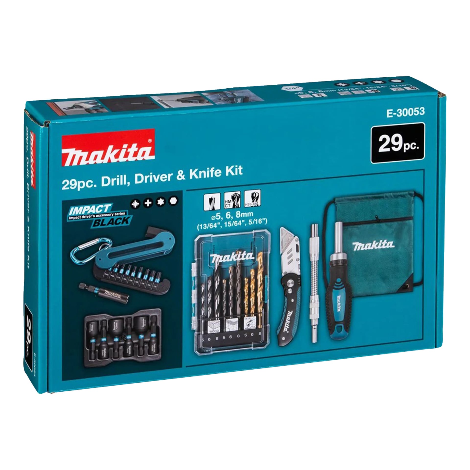 Makita E-30053 Bits and Socket Set sisältää 29 osaa, siististi aseteltuna siniseen laatikkoon, jossa on kuvia sisällöstä kuten poranterät, ruuvimeisselit, veitsi, kantolaukku ja erilaisia lisävarusteita.