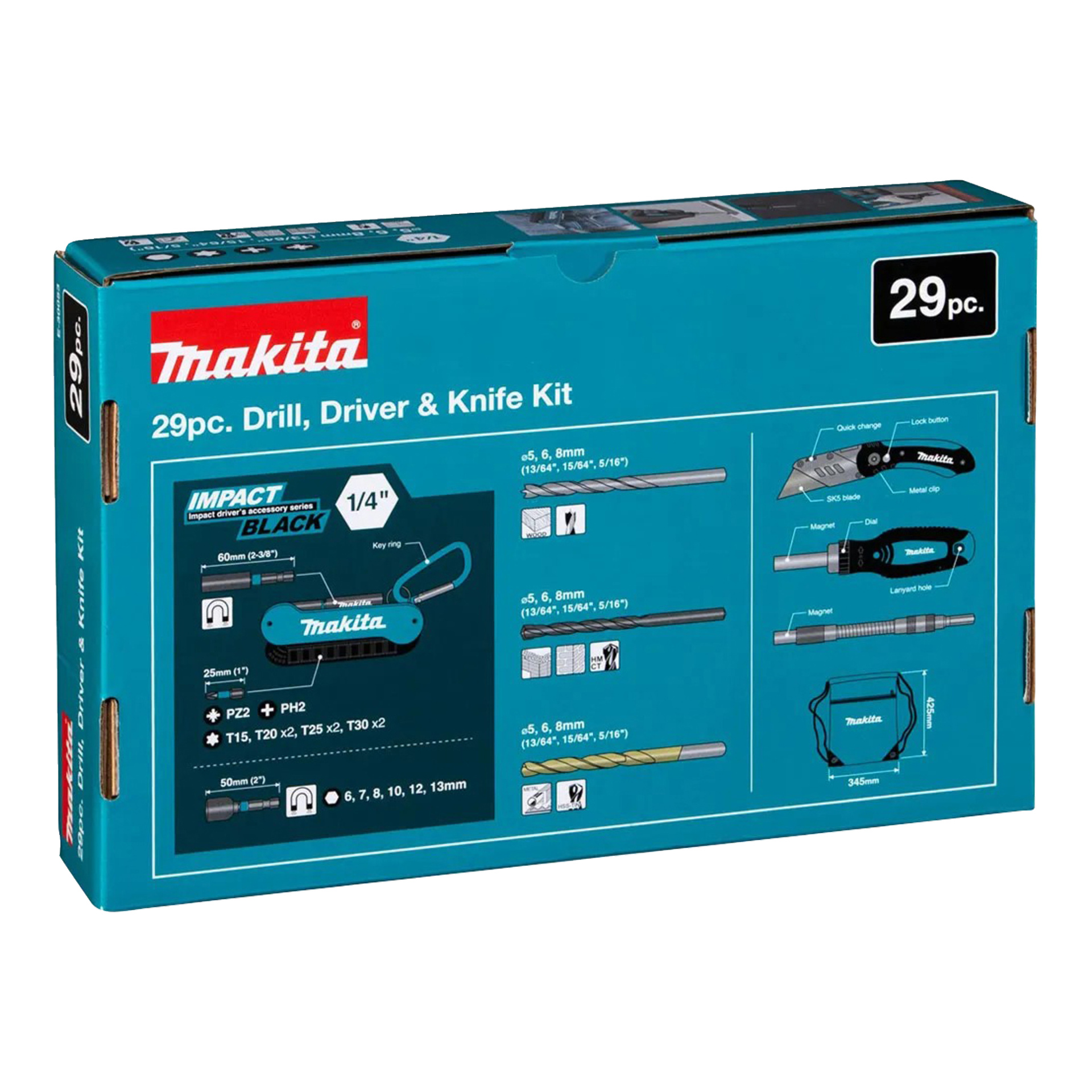 29-osainen Makita Bits and Socket Set with Accessories E-30053 näkyy sinisessä laatikossaan. Pakkauksessa on erilaisia työkaluja, kuten ruuvimeisselin terät, poranterät, kaksi apuveistä ja säilytyspussi. Pakkauksen etupuolelle on painettu kuvaukset ja koot mukana oleville tuotteille.