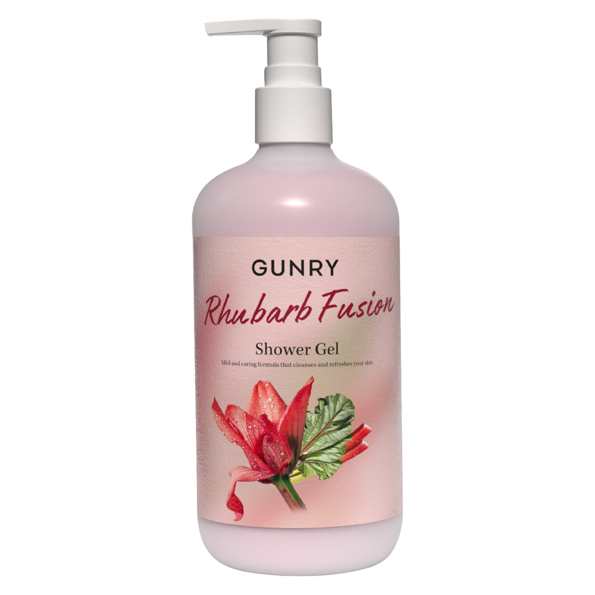 Vaaleanpunainen Gunry Shower Gel Creamy Honey -pullo valkoisella pumpulla. Etiketissä lukee "Gunry Shower Gel Creamy Honey" ja kuva hunajasta vesipisaroilla.
