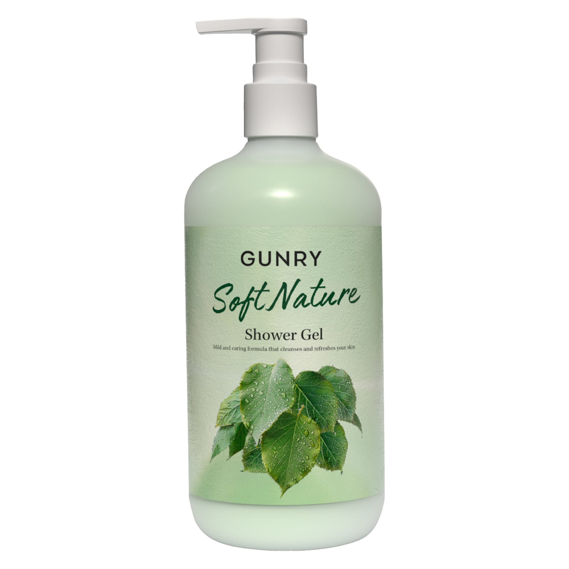 Pumppupullo Gunry Shower Gel Creamy Honeya, jossa on kuvia kermaisesta hunajasta ja teksti: "mieto ja hoivaava korvike ihon puhdistamiseen ja virkistykseen.".