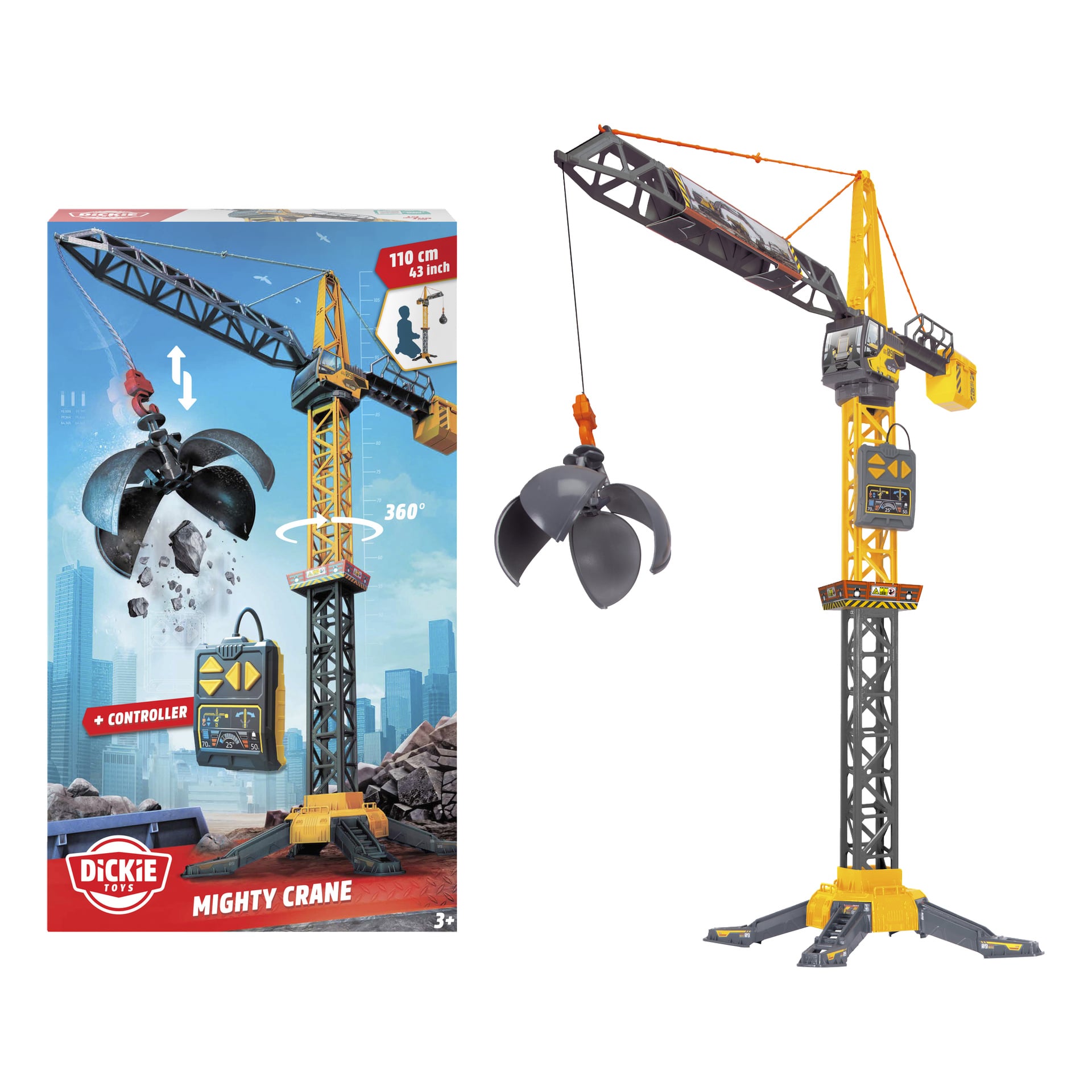 En Dickie Toys Mighty Crane, som manövrerades med fjärrkontroll och är utrustad med en gripklo, är placerad bredvid sin låda. Förpackningen visar samma kran som lyfter skräp och lyfter fram funktioner som en höjd på 110 cm och fjärrstyrning. Dickie Toys-logotypen finns kvar.