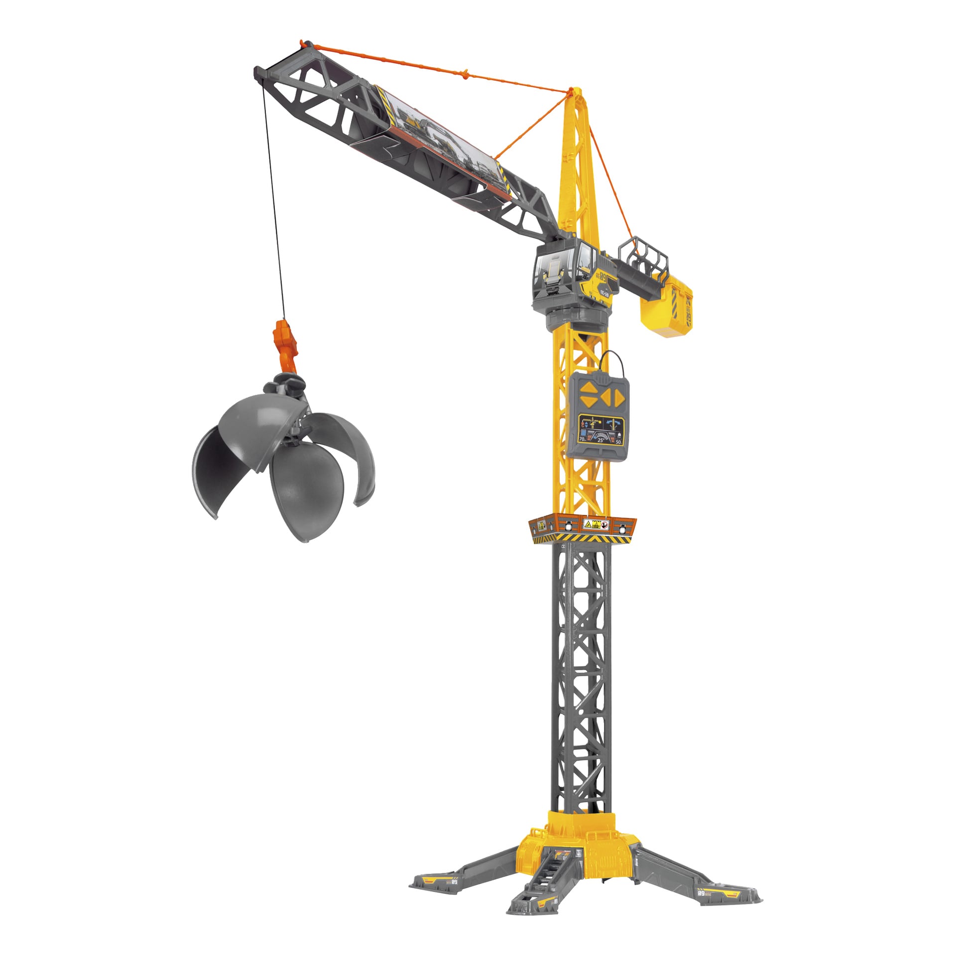 Dickie Toys Mighty Crane är en radiostyrd byggkran med en gul och grå ram, stadiga svarta basstöd och en orange kabel som håller en klofäste. Dess naturtrogna utseende inkluderar detaljerade kontrollpaneler, vilket gör att den liknar riktiga industrikranar.