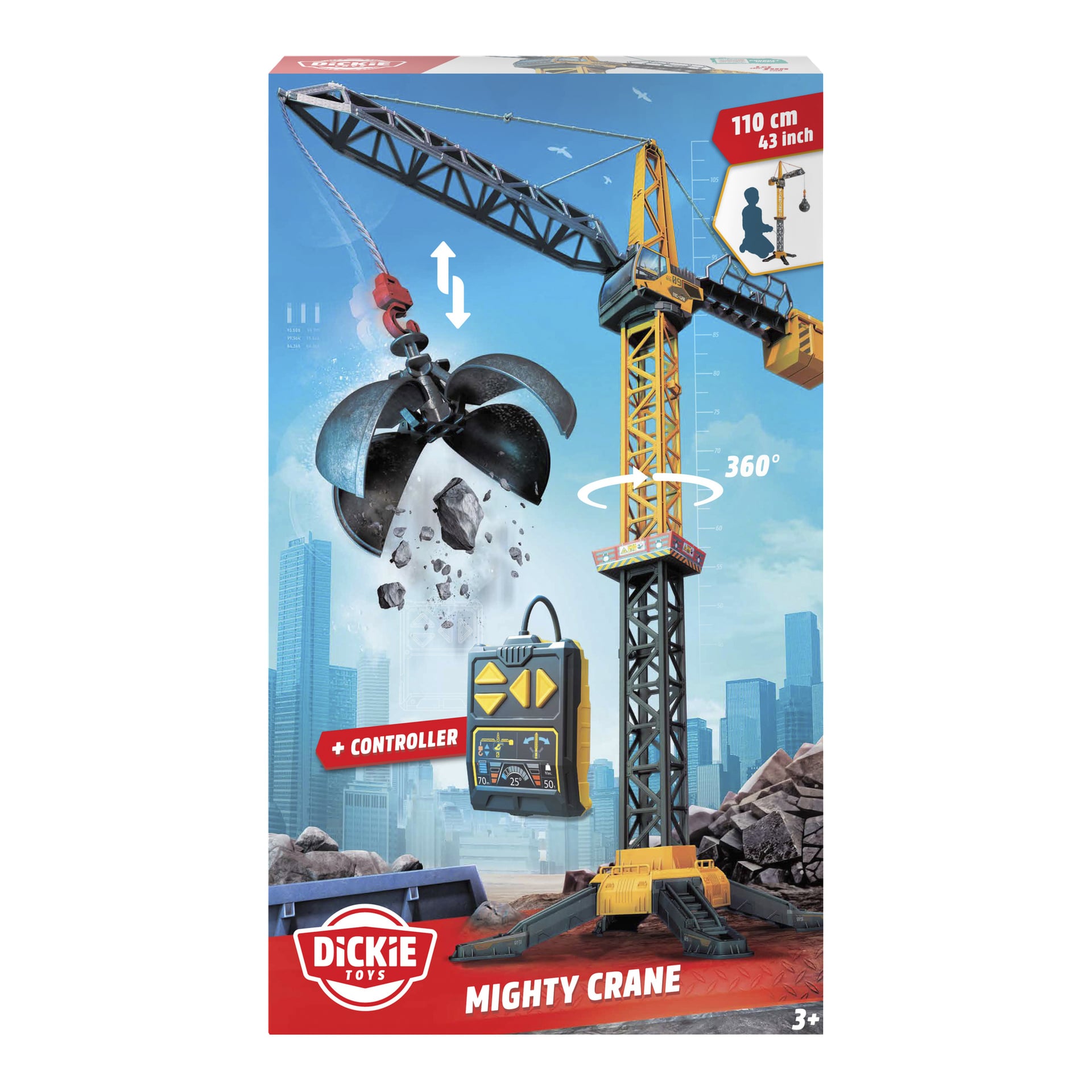 En Mighty Crane-leksak från Dickie Toys, som manövrerar med fjärrkontroll, levereras med en klo för att plocka upp stenar och inkluderar stadsbyggnader som bakgrund. Kranen är 110 cm hög och erbjuder full 360-graders rotation. Förpackningen har Dickie Toys-logotypen och Mighty Crane-varumärket.