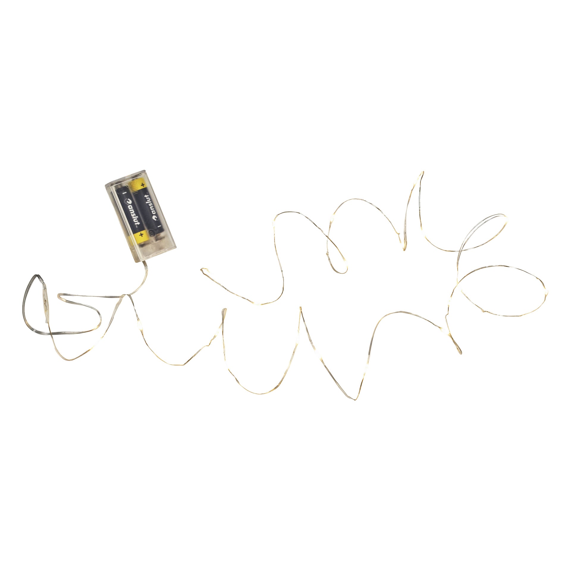 EKVIP Bateriowe lampy LED w formie string składają się z maleńkich diod LED na elastycznym, cienkim przewodzie połączonym z przezroczystym pakietem baterii z dwoma bateriami AA. Przewód jest przedstawiony w nierównym, nierównym kształcie.