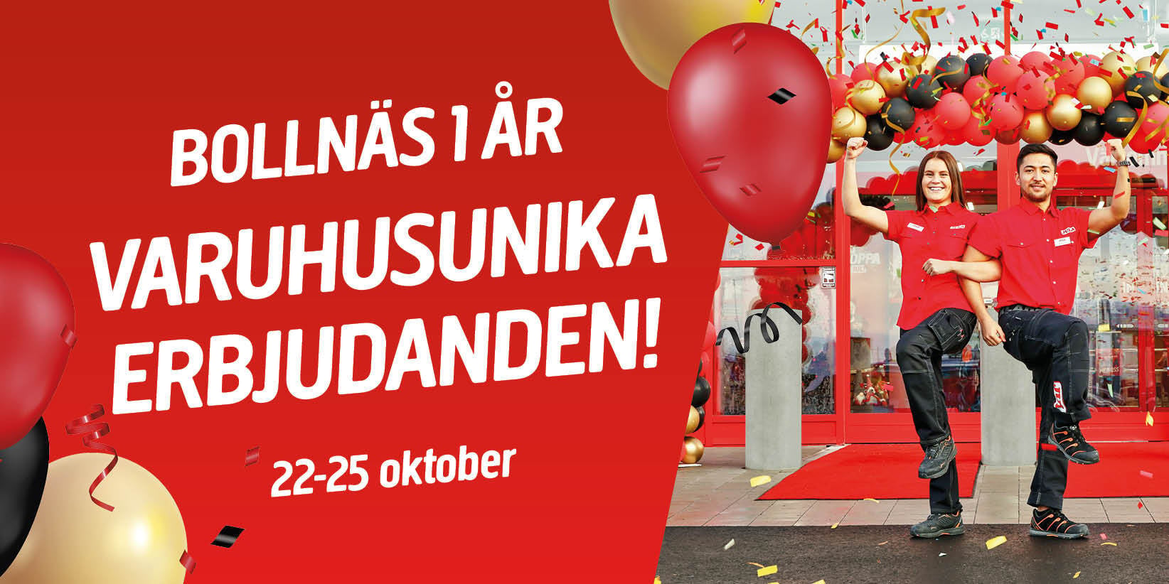 Två anställda i röda uniformer står vid ingången till en butik som är dekorerad med ballonger. En text informerar om Bollnäs 1-årsjubileum med specialerbjudanden i butiken från den 22 till den 25 oktober.