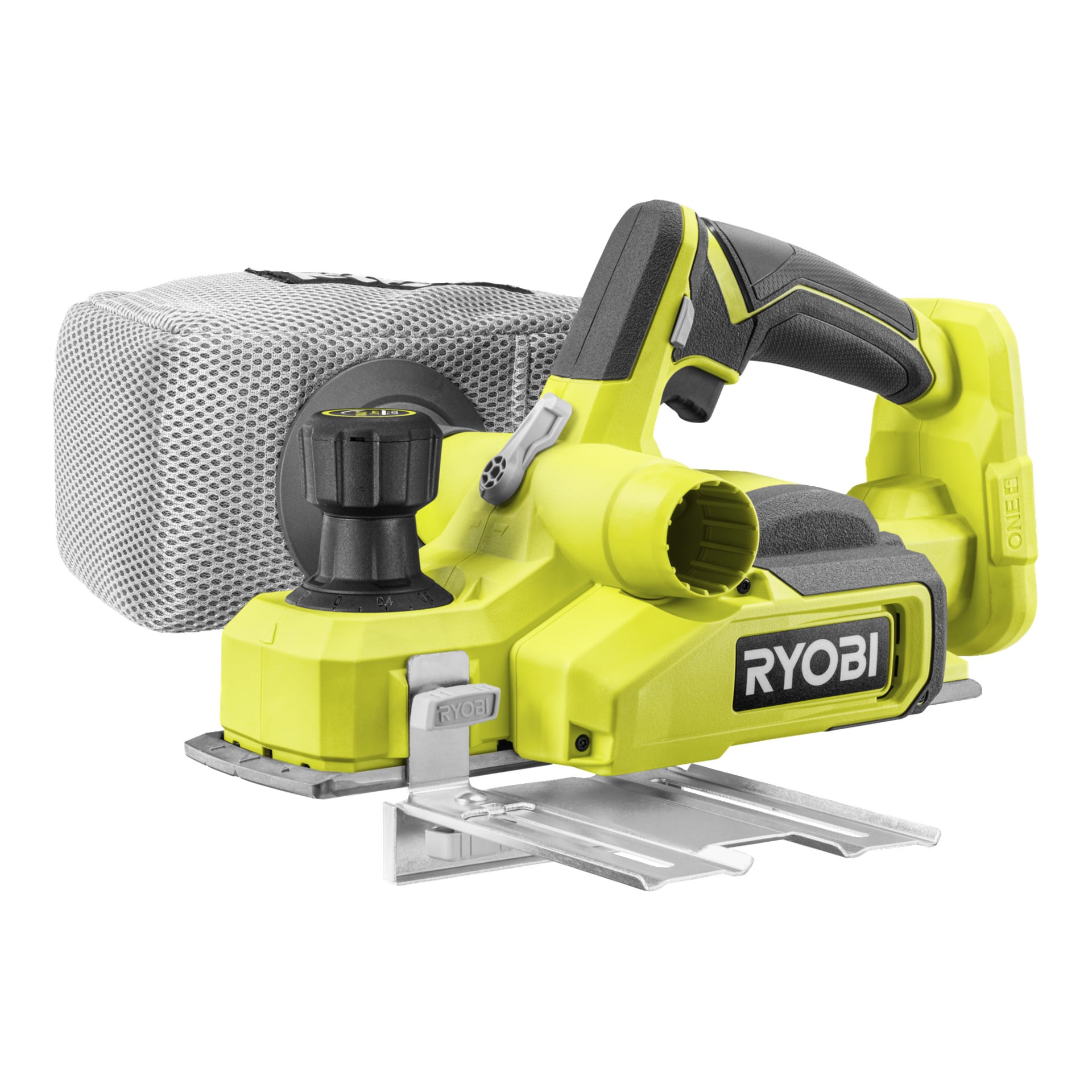 Żółto-Ryobi One+ Cordless Electric Planer RPL18-0 z dołączonym workiem przeciwkurzowym, bocznym pokrętłem regulacyjnym i wyraźnym oznaczeniem na korpusie.