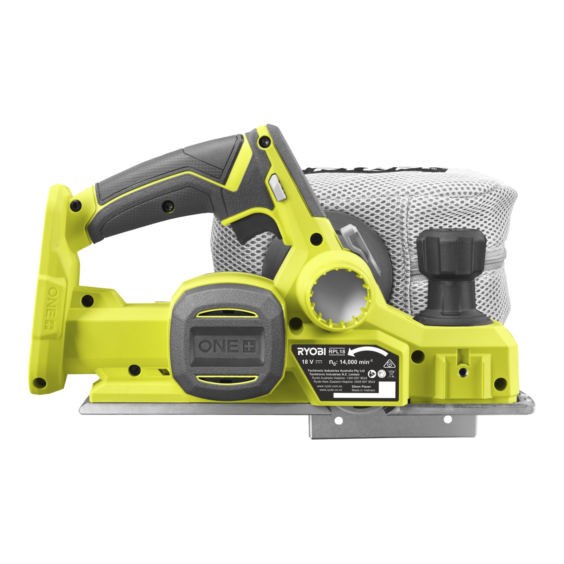 Żółto-szary Ryobi One+ Cordless Electric Planer RPL18-0, widziany z boku, z workiem do odsunięcia kurzu z tyłu oraz pokrętłem sterującym umieszczonym na górze. Na boku znajduje się numer modelu i etykieta specyfikacji.