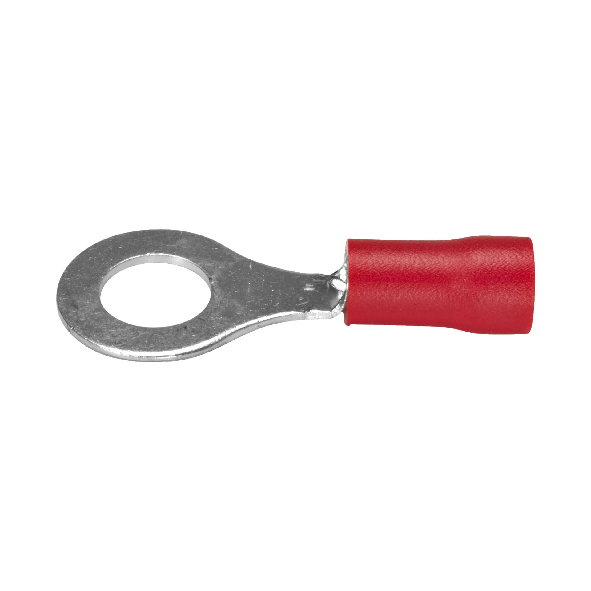 Hamron Cable Lug Rings Red 10 Pack innehåller metallringkontakter med röda isolerade lock, avsedda att säkerställa säkra elektriska ledningsanslutningar. Varje kontakt har en rund metallterminal för stark fäste och en röd hylsa för enkel insättning och krimpning av trådar.