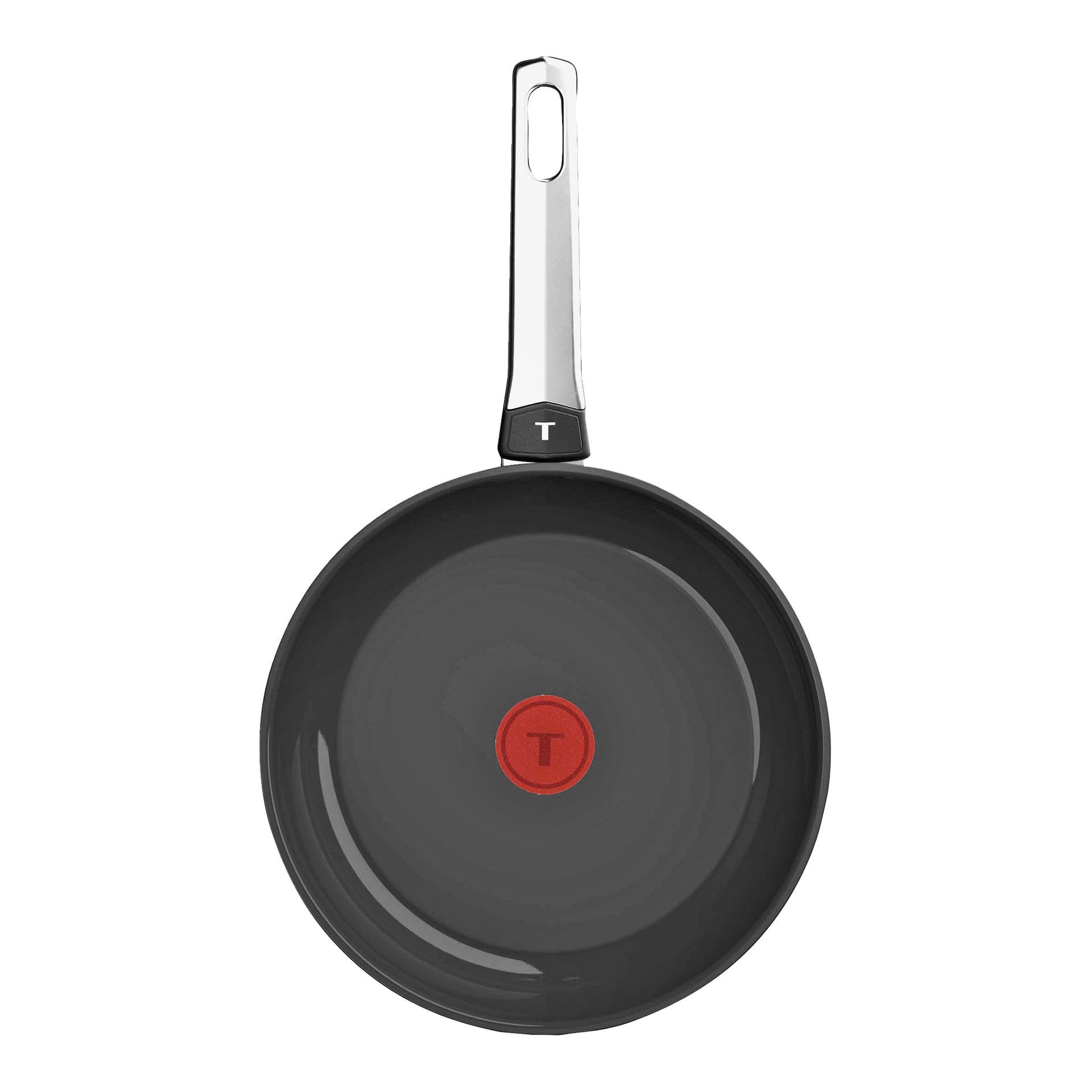 Tefal Emotion Plus SS -paistinpannu näkyy ylhäältä katsottuna, musta tarttumaton sisäosa ja punainen pyöreä ilmaisin keskellä. Sen kahva on hopeanvärinen ja musta segmentti pohjassa, jossa on valkoinen T-logo.