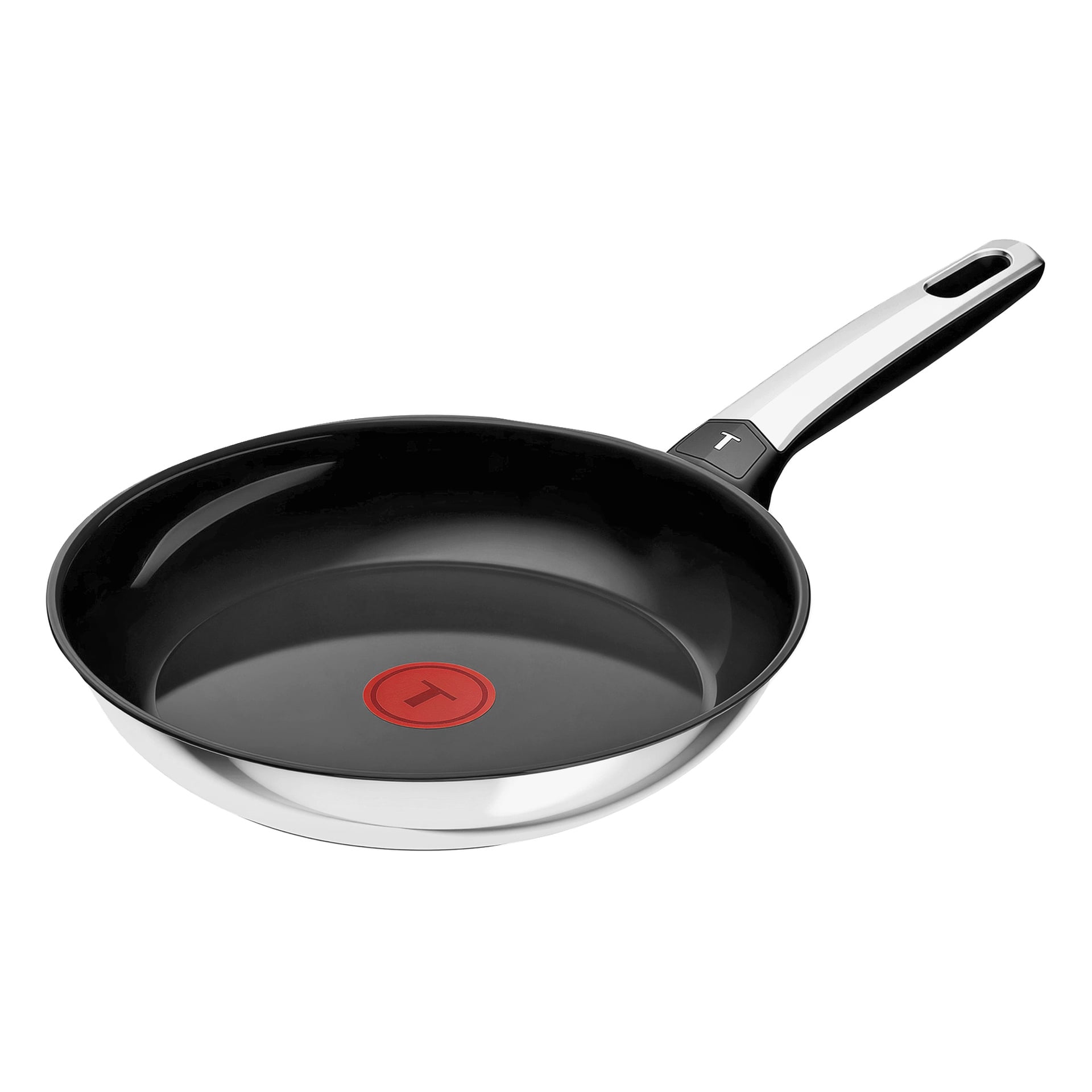 Tefal Frying Pan Emotion Plus SS:ssä on musta tarttumaton sisustus, kiiltävä hopeinen ulkopinta ja kahva, joka yhdistää mustan ja hopean. Punainen Thermo-Spot, jossa on keskellä "T", näyttää, milloin pannu on saavuttanut ihanteellisen kypsennyslämmön.