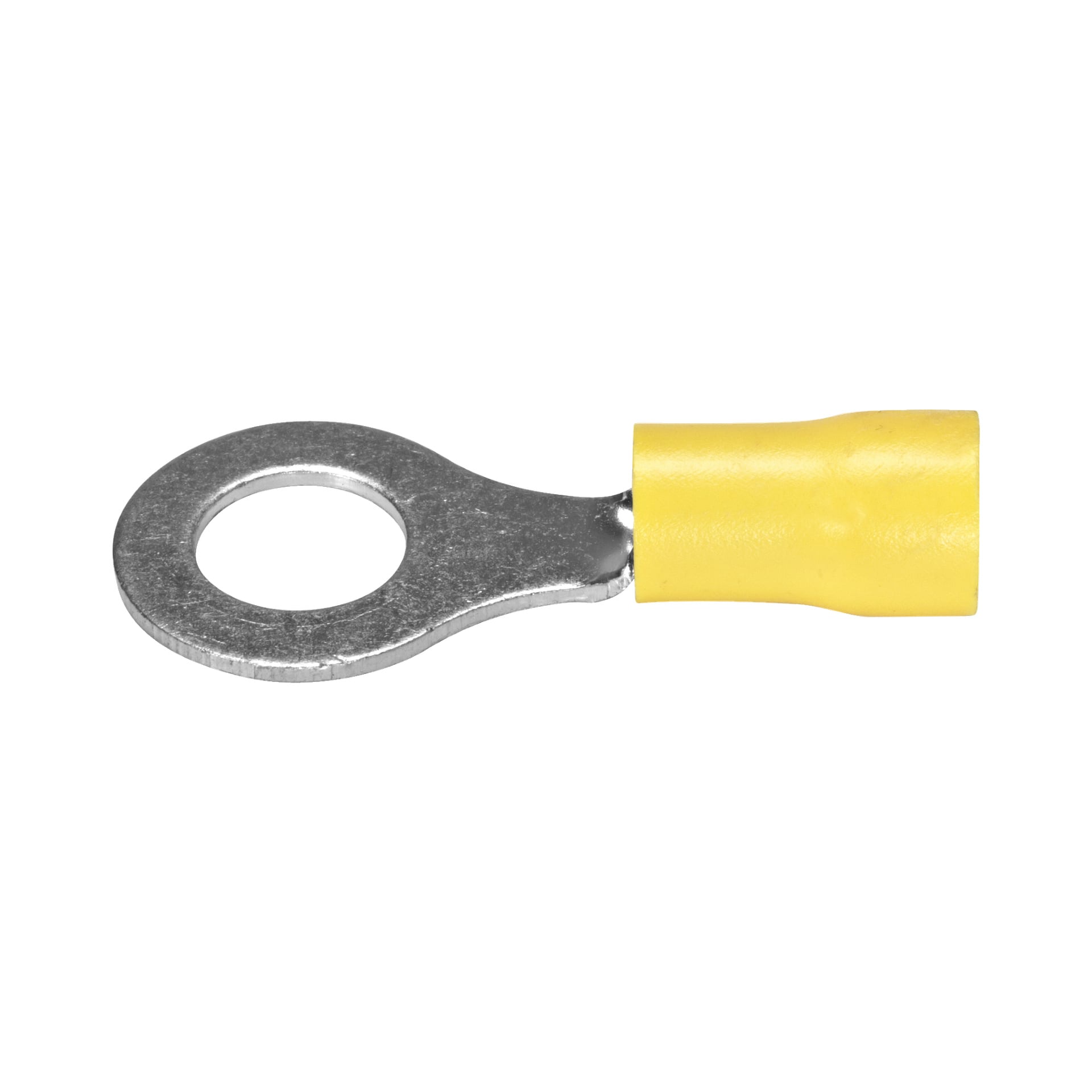 Närbild av en Hamron gul isolerad ringanslutning från en 10-pack, med metallring i ena änden och gul plastisolering i den andra, avsedd för användning med elledningar.
