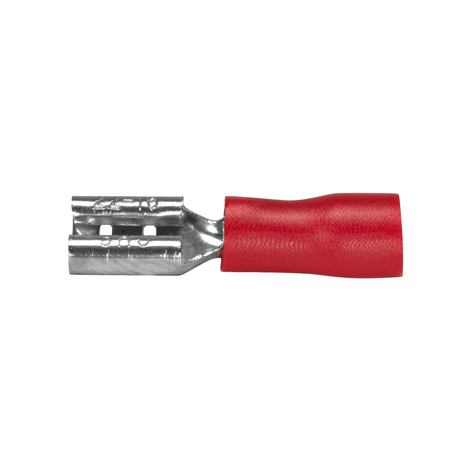 En närbild på sidan av en Hamron Female kabelfäste från ett 10-pack som visar en metallkrimpkontakt med en röd isolerad hylsa.