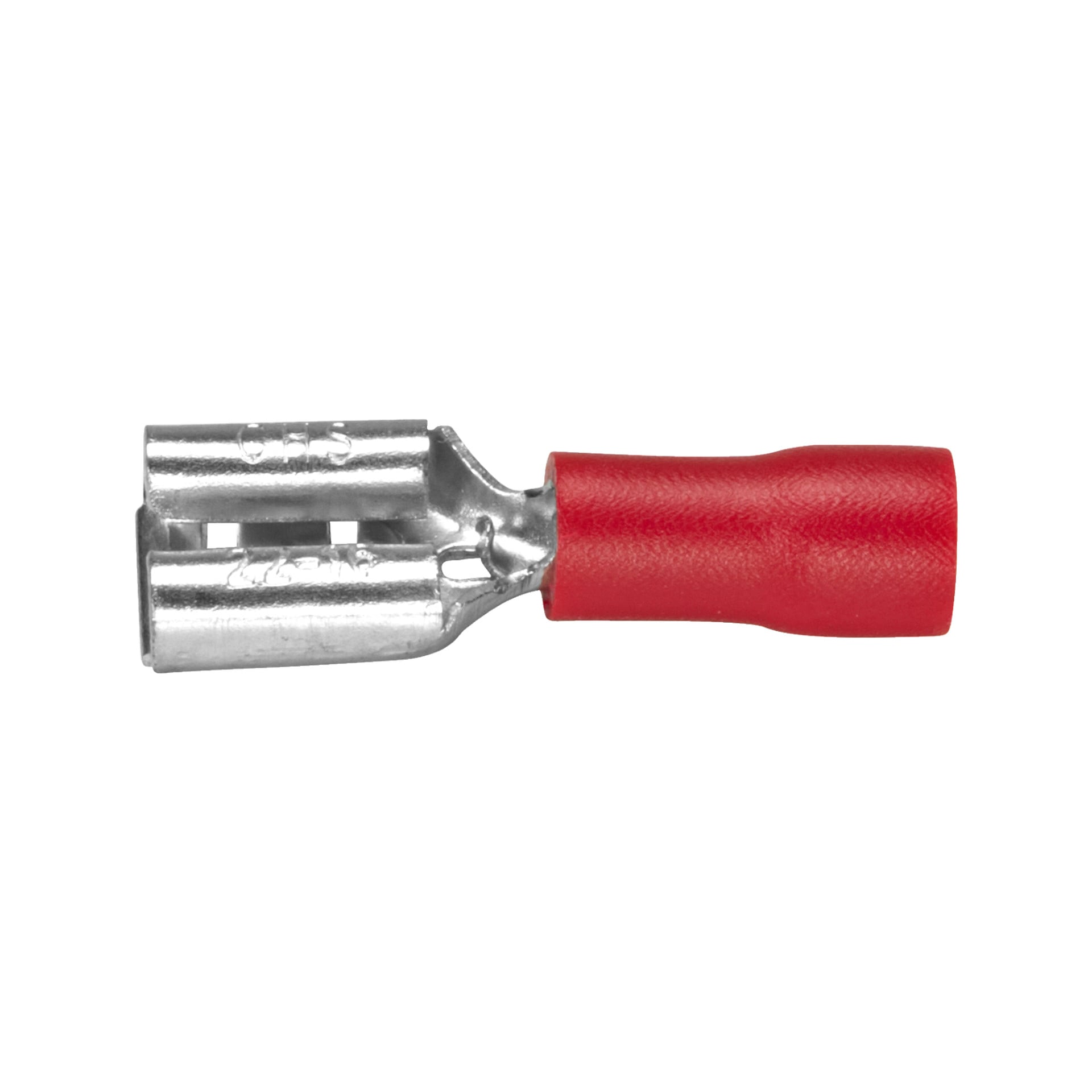 Närbild på en Hamron Female kabelfäste från en 10-pack, med dess röda isolerade hylsa och dubbla metallstift designade för trådanslutning.