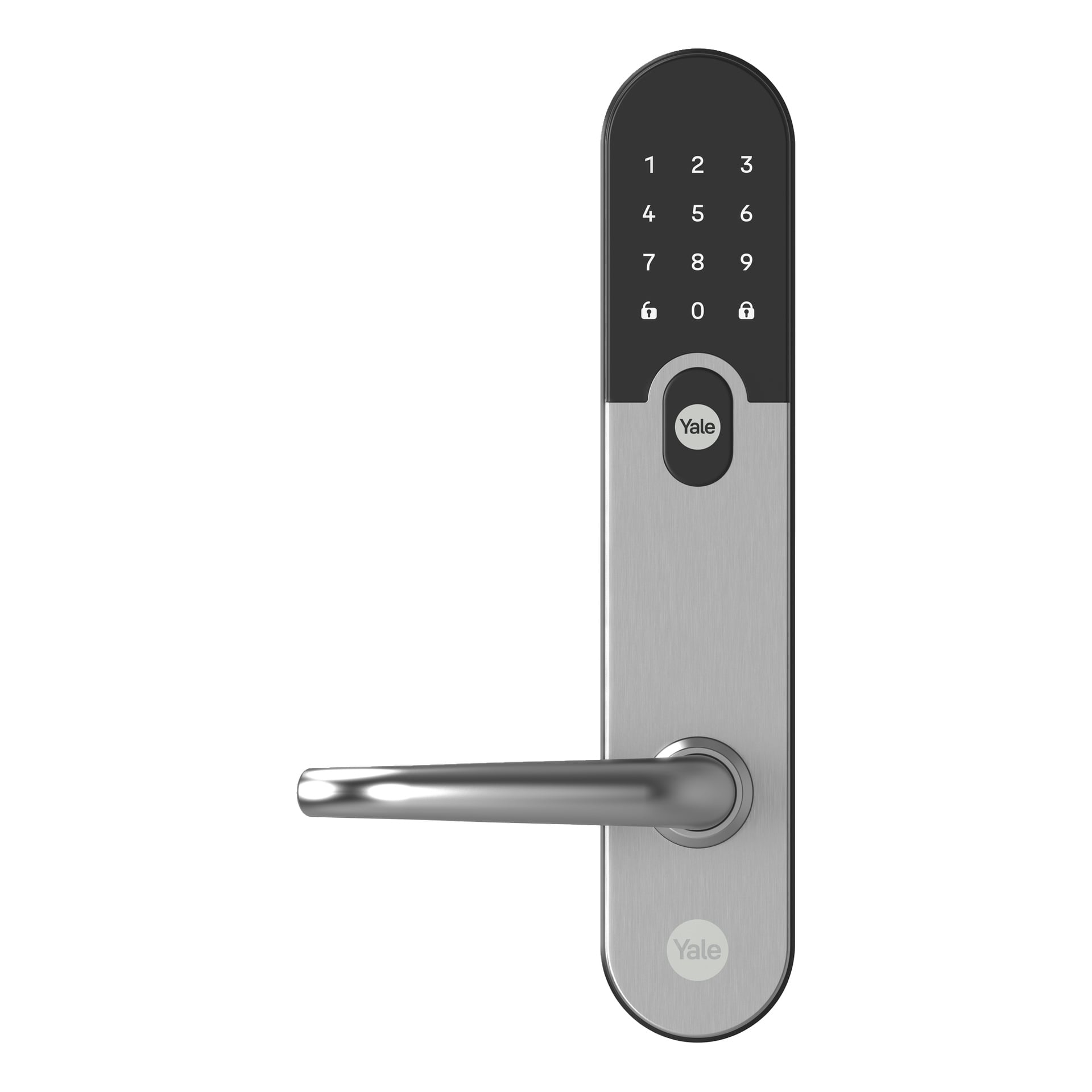 En sølvfarget Yale Digital dørlås Entrus med metallhåndtak og kropp, med et svart tastaturpanel som viser tallene "0-9", en knapp merket "Yale", to låseikoner og "Yale"-logoen nederst.