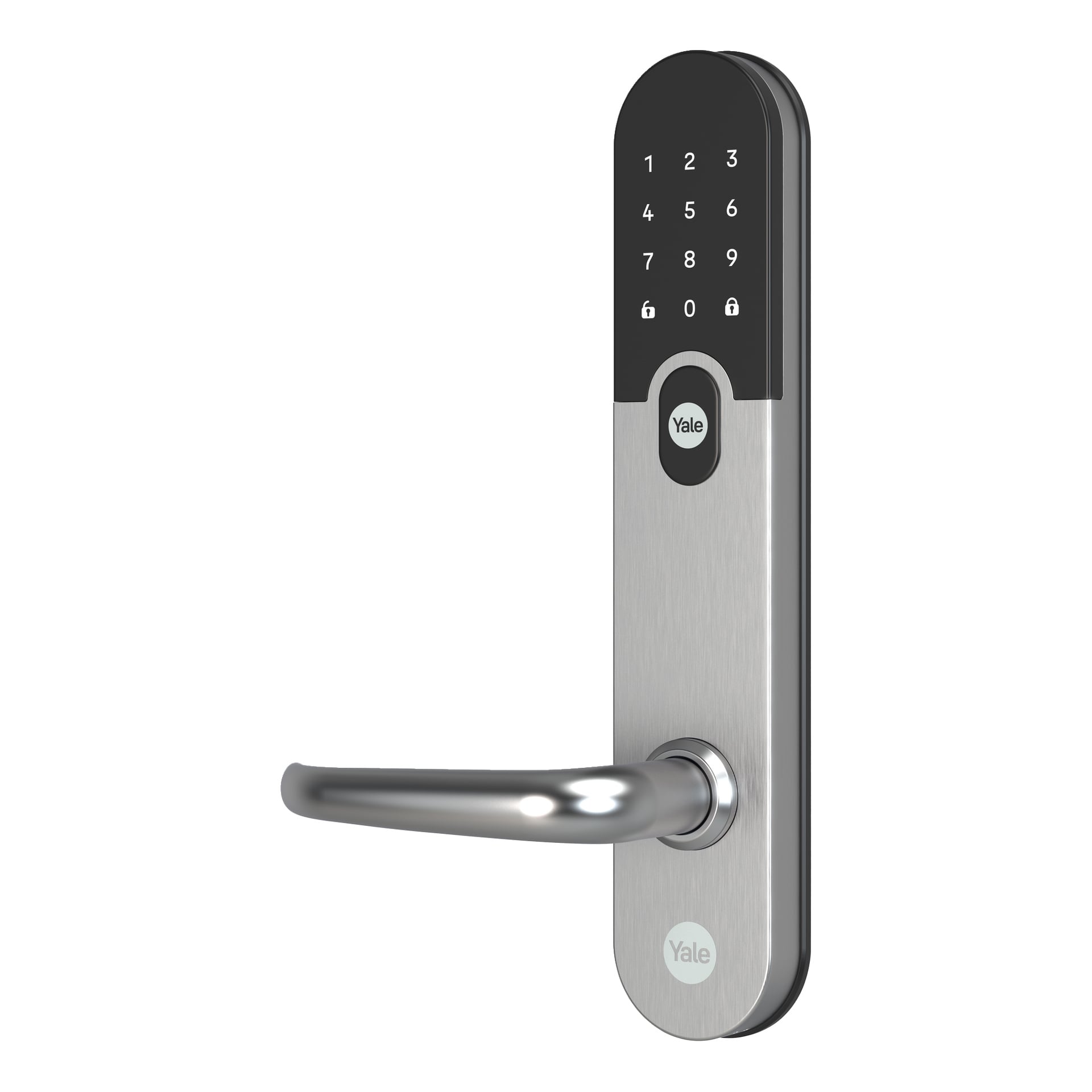 Yale Entrus digitale dørlås har børstet metallfinish og inkluderer et integrert tastatur som viser tallene "0–9" og lås-/opplåsingsikoner. Håndtaket er festet under, med "Yale"-logoen synlig både på tastaturet og nederst på håndtaket.