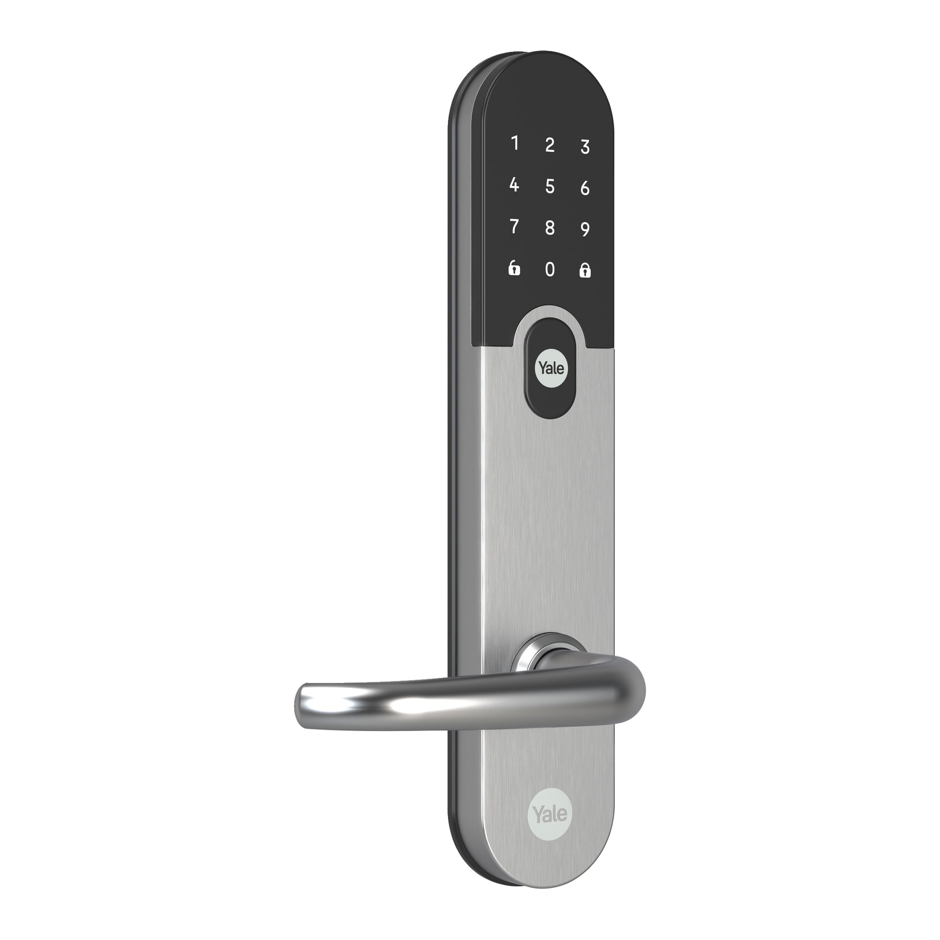 En sølvfarget Yale Digital dørlås Entrus med svart berøringsskjermtastatur som viser tallene "0" til "9", to låseikoner, og Yale-logoen vist på knappen og ved håndtakets base.