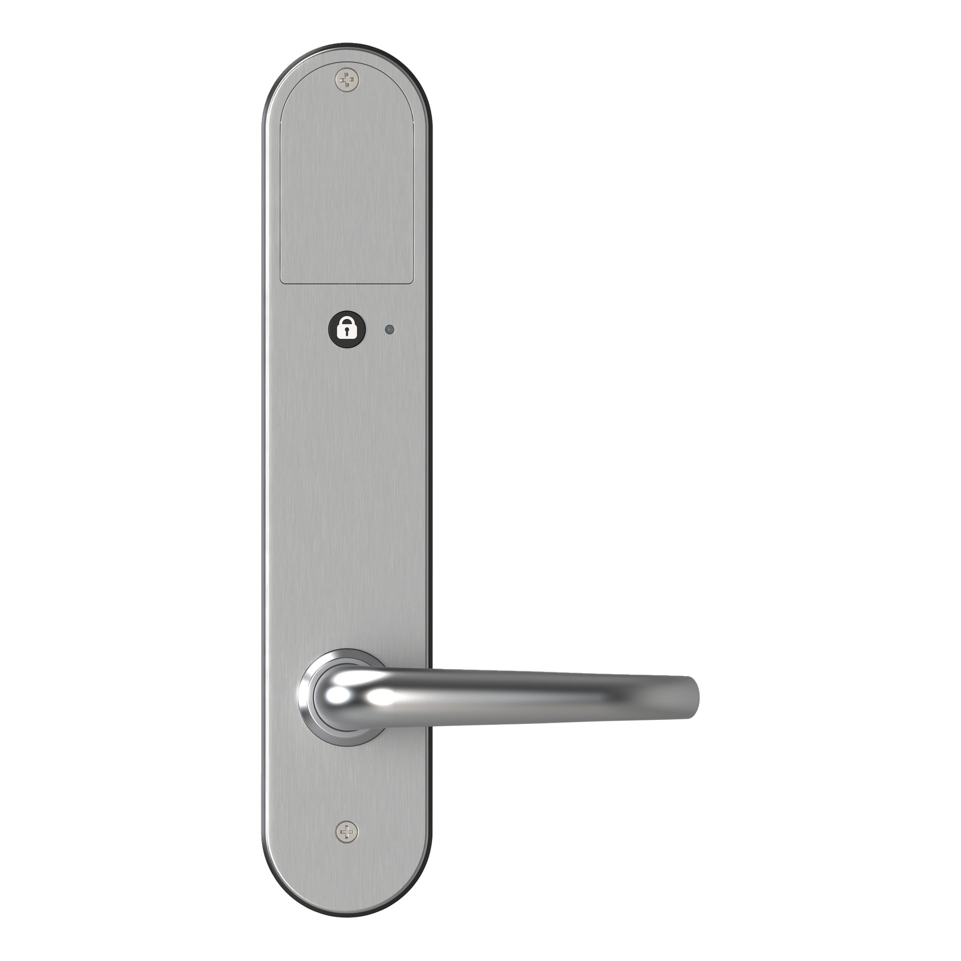 Et nærbilde av Yale Digital Door Lock Entrus viser et slankt sølvhåndtak plassert på en rektangulær bakplate. Bakplaten inkluderer to skruer, et nøkkelhull-ikon og en liten svart sirkel. Det horisontale metallhåndtaket skiller seg ut.