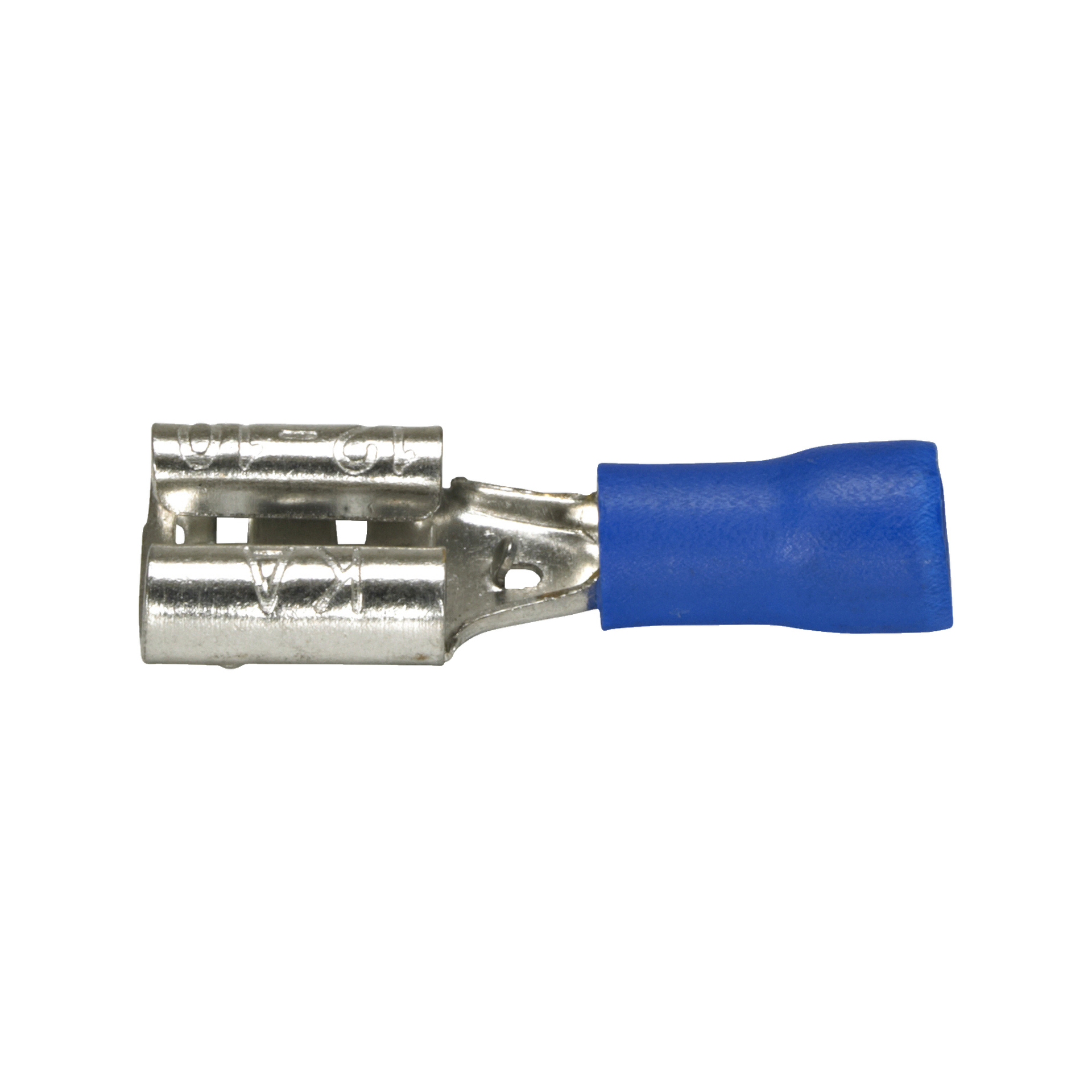 Nahaufnahme eines 10er-Packs Hamron-Kabelverschlüsse in Blau, die isolierte weibliche Spatenstecker mit Metallanschlüssen und blauer Kunststoffisolierung zeigen, die typischerweise für elektrische Leitungen verwendet werden.