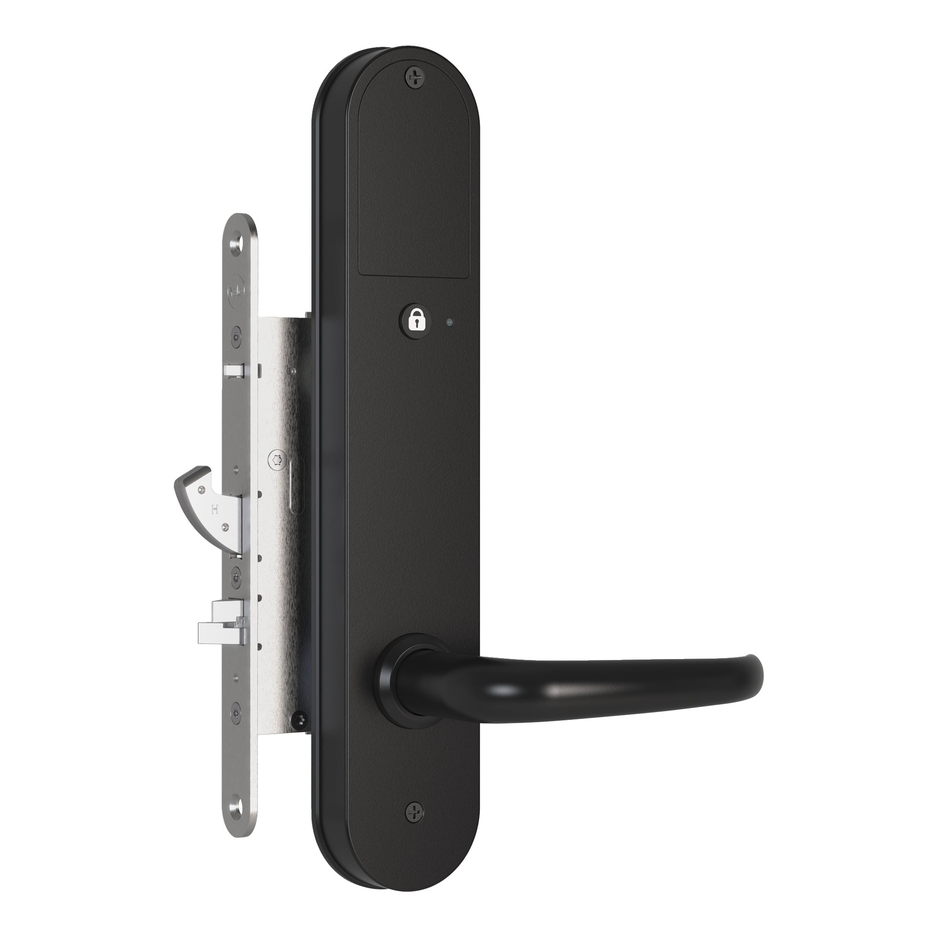 Et sidebilde viser den svarte Yale Digital Door Lock Entrus. Den har et horisontalt spakhåndtak med et nøkkelhull over på en høy rektangulær plate.