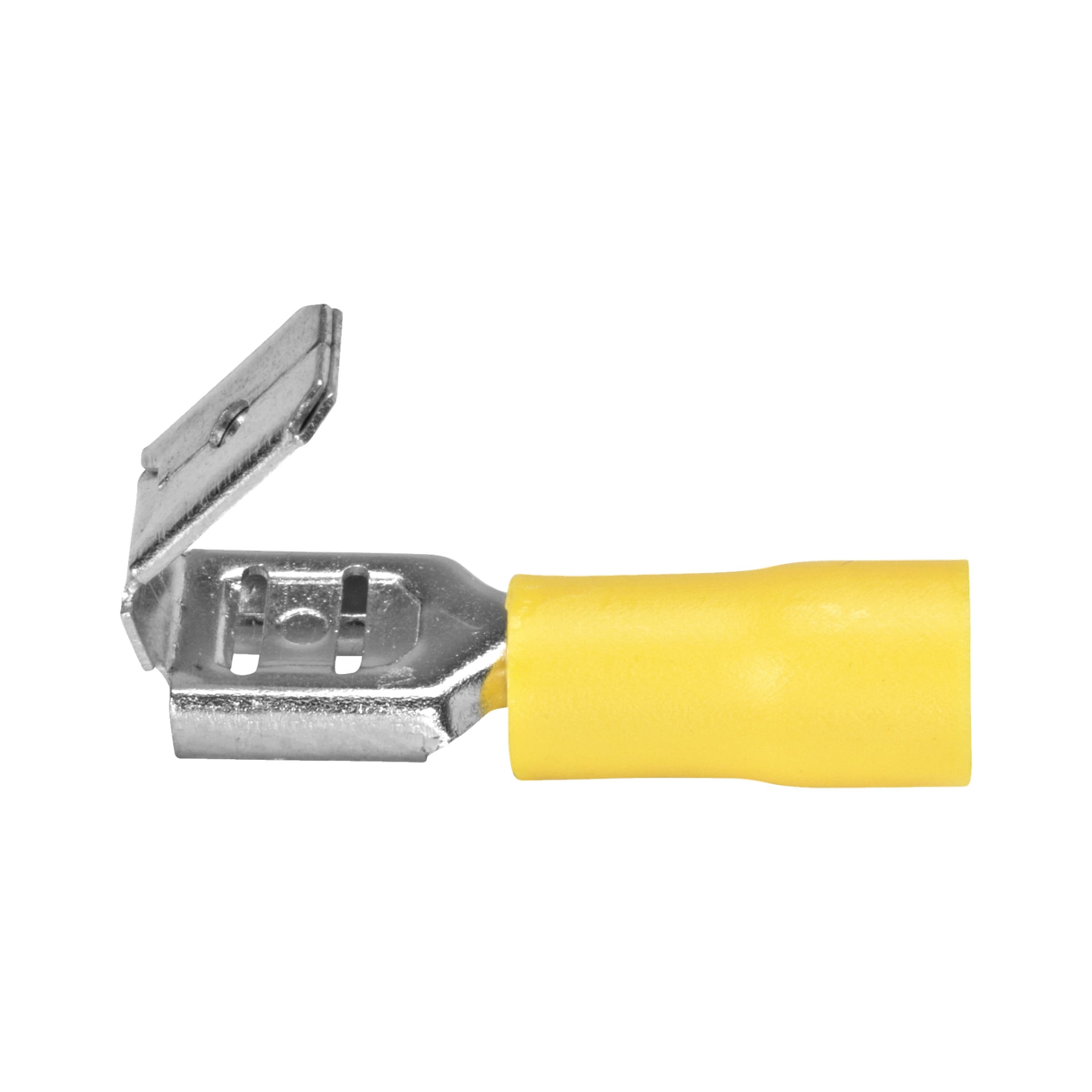 En detaljerad vy av en Hamron Flat pin-grenkrimpterminal från en 10-pack, som visar dess gula isolerade hölje och metallspadespets.