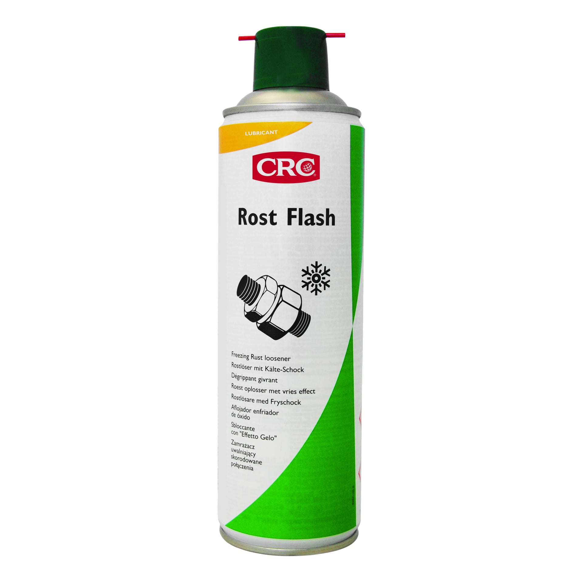 Purkki CRC Rust Remover Rost Flash Prota, jossa on suihkusuutin, merkitty jäätymisruosteen irrottajaksi ja jossa on metalliliitoksen kuva lumihiutaleikonin rinnalla.
