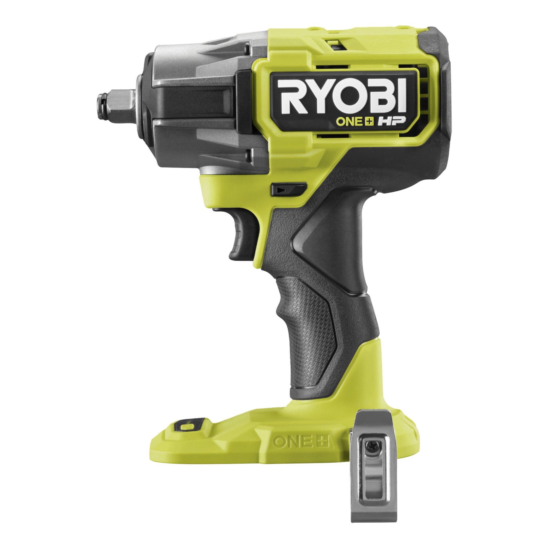 Ryobi One+ HP slagnøkkel (modell RIW18X1-0), med et limegrønt og svart design, vist fra siden uten batteri tilkoblet.