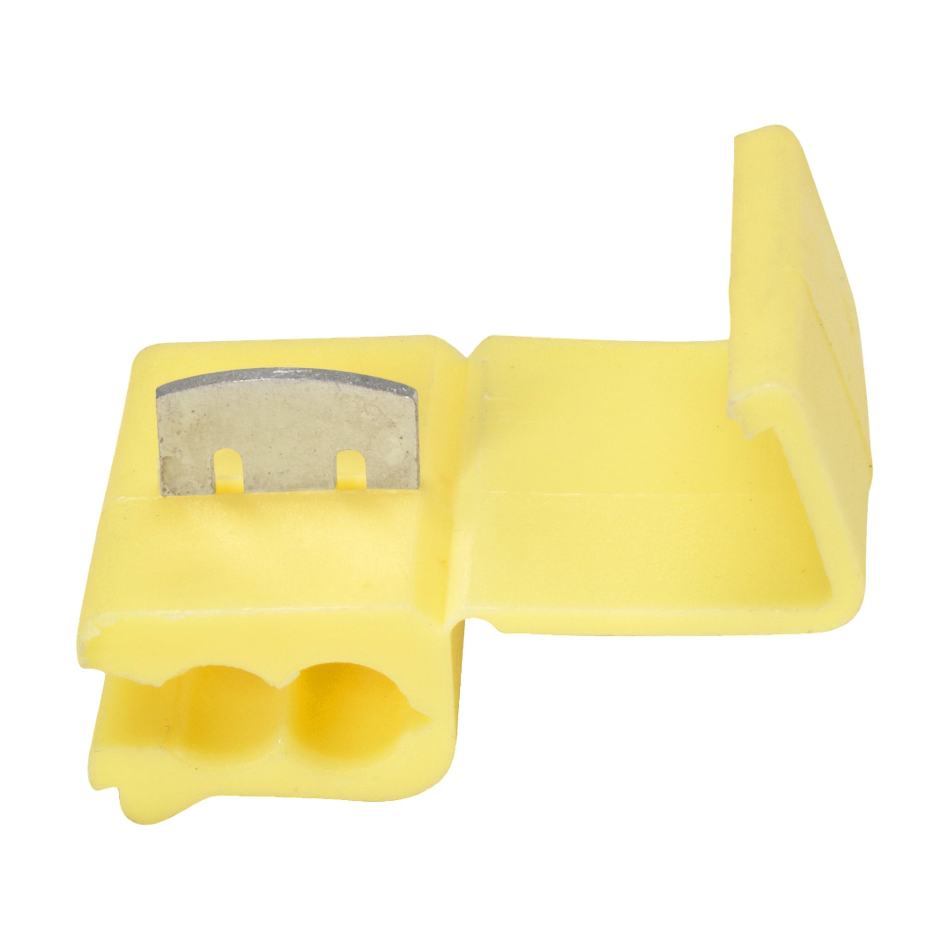 En gul Hamron Quick Splice Connector av plast, öppen för att visa sina två spår och metallblad inuti, kommer i ett paket med 10.
