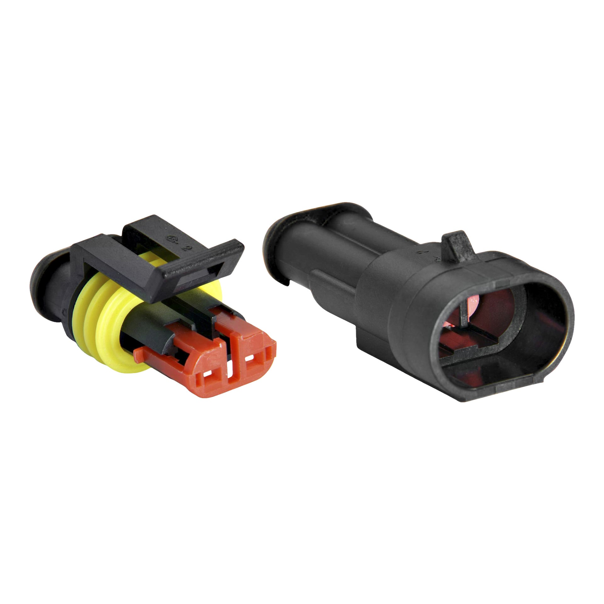 Två svarta Hamron Cable Splice Superseal elektriska kontakter för bilar visas sida vid sida, en med gul och röd insats och den andra med motsvarande uttag.