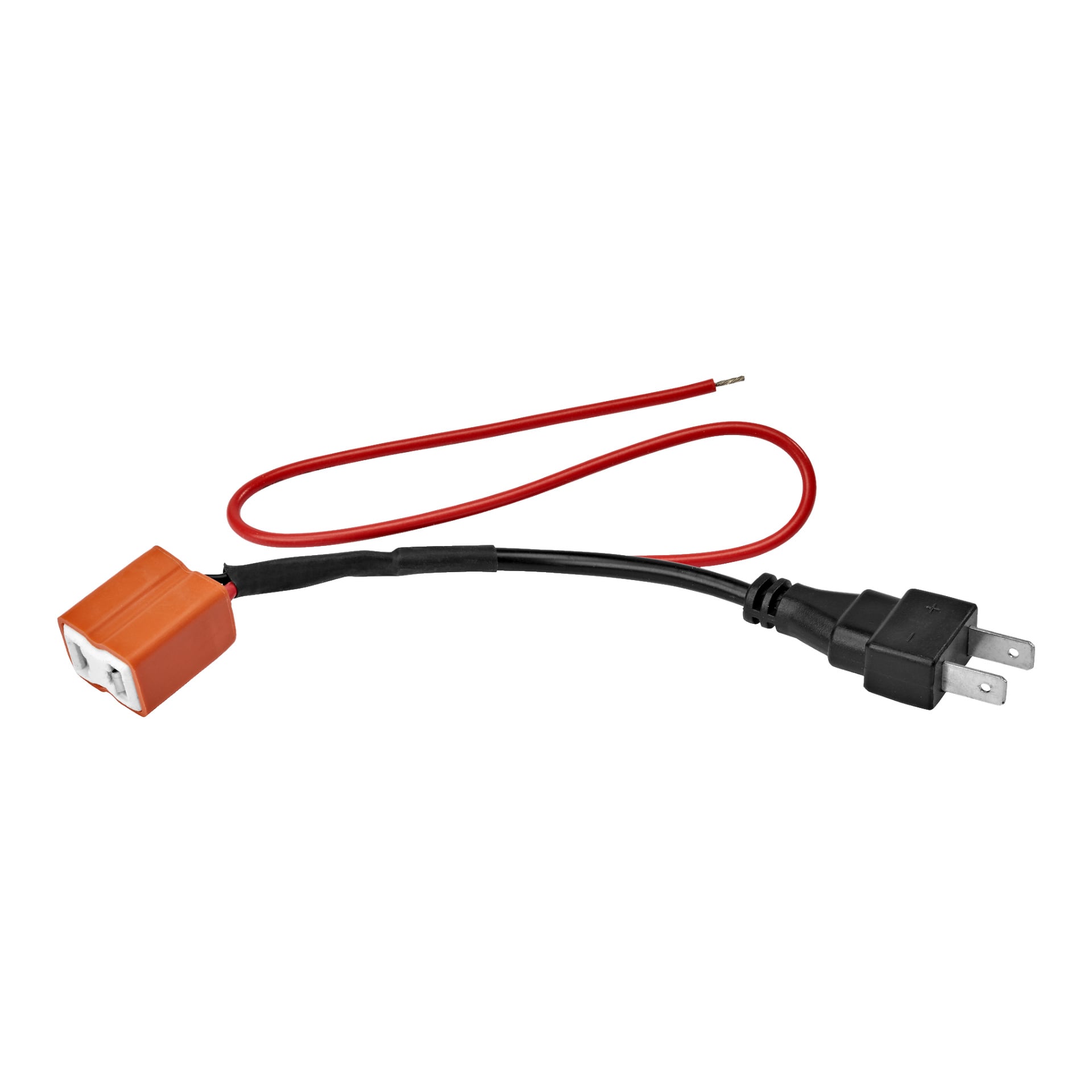 En Hamron H7-adapter med tvåpolig kontakt, svarta och röda kablar samt en orange kontakt. Ena sidan visar exponerade ledningar, medan motsatt ände har kontakten och kontakten.