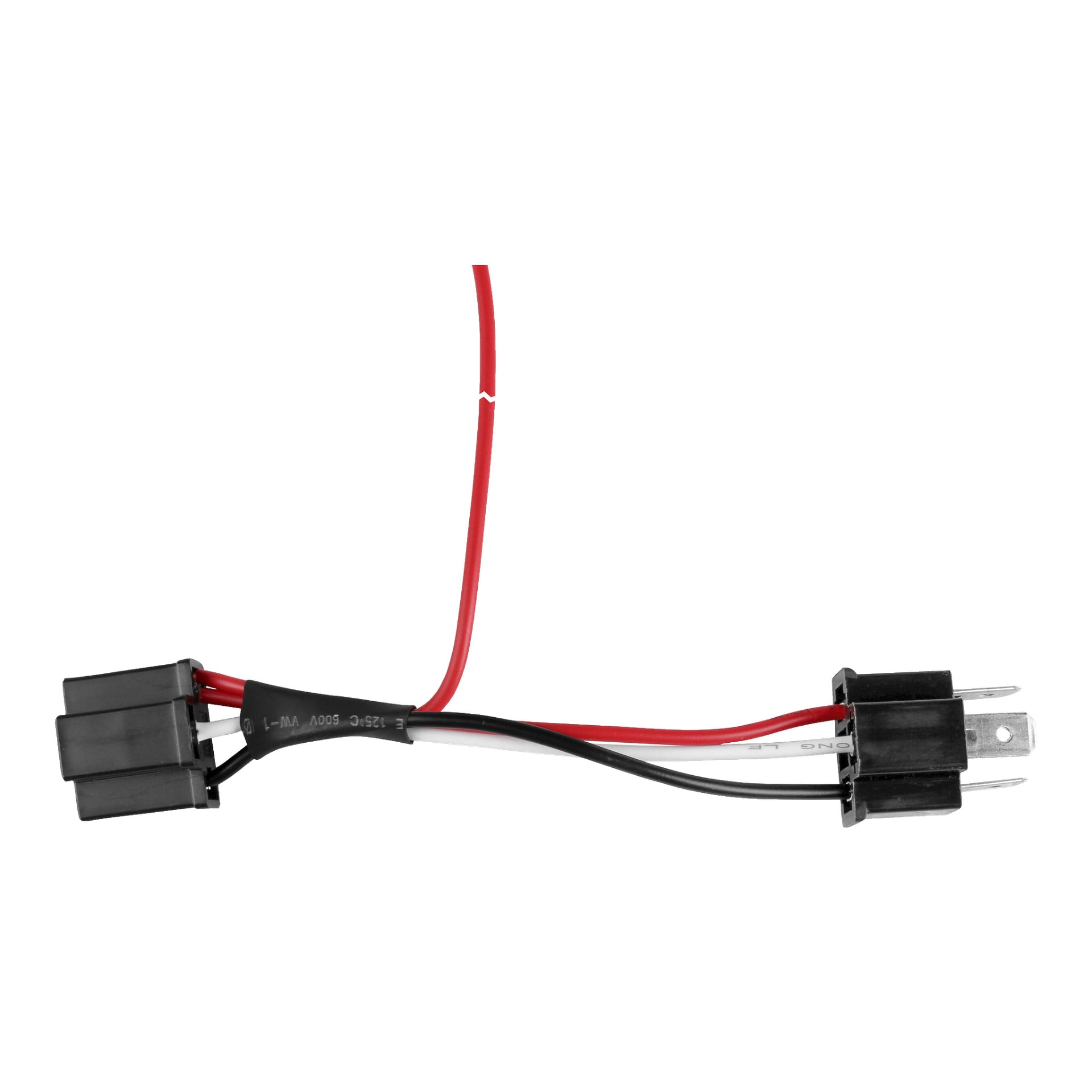 Närbild på en Hamron H4-adapter med svart reläuttag och tre anslutna ledningar—röd, svart och vit. Den röda tråden är delvis avskalad i änden.