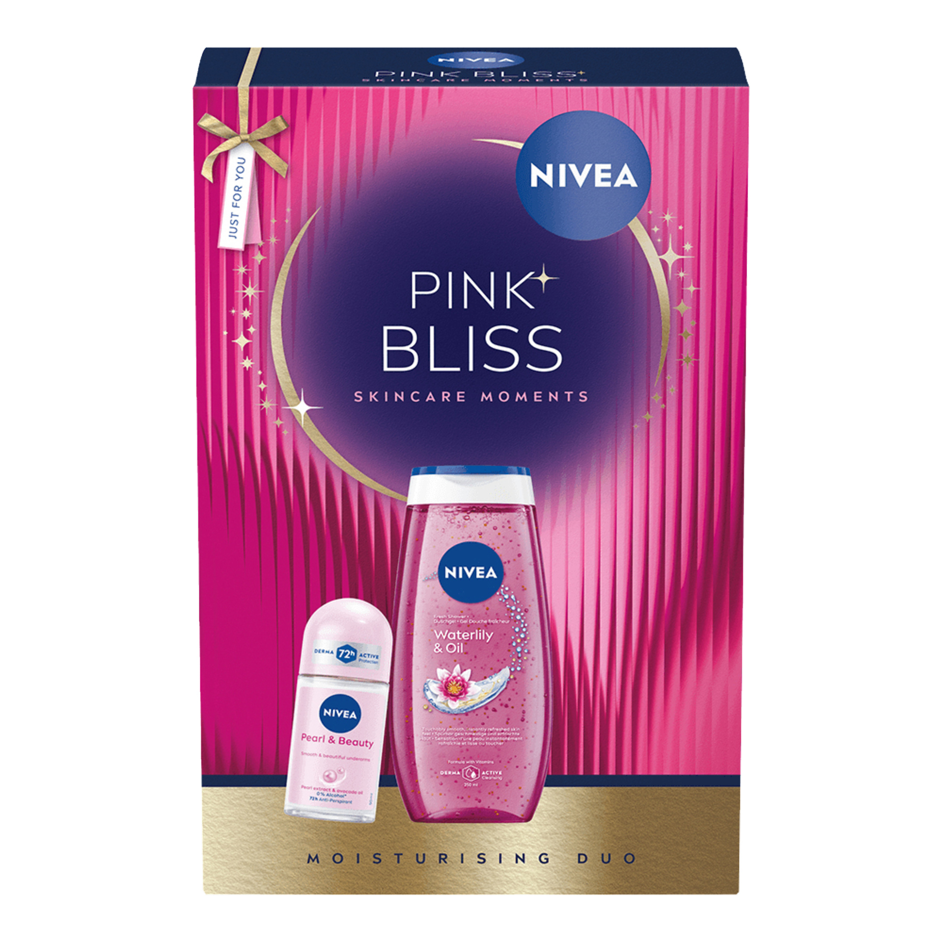 Nivea Pink Bliss Moisturising Duo-presentpaketet visar en rosa ask med gulddetaljer, som innehåller vattenlilja & olje duschgel samt Pearl & Beauty deodorant. På förpackningens botten står frasen "Moisturising Duo.".