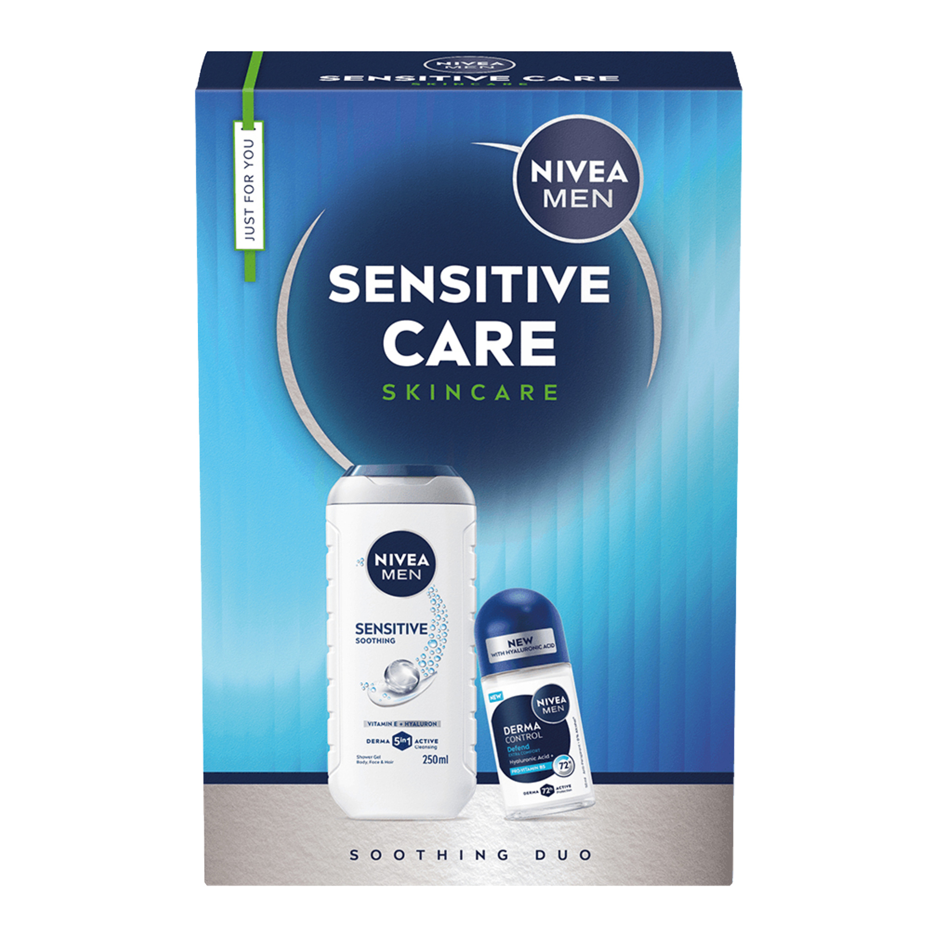 Nivea Sensitive Men Skincare presentset med vit duschgel och roll-on deodorant, arrangerat på blå bakgrund och märkt som Soothing Duo.