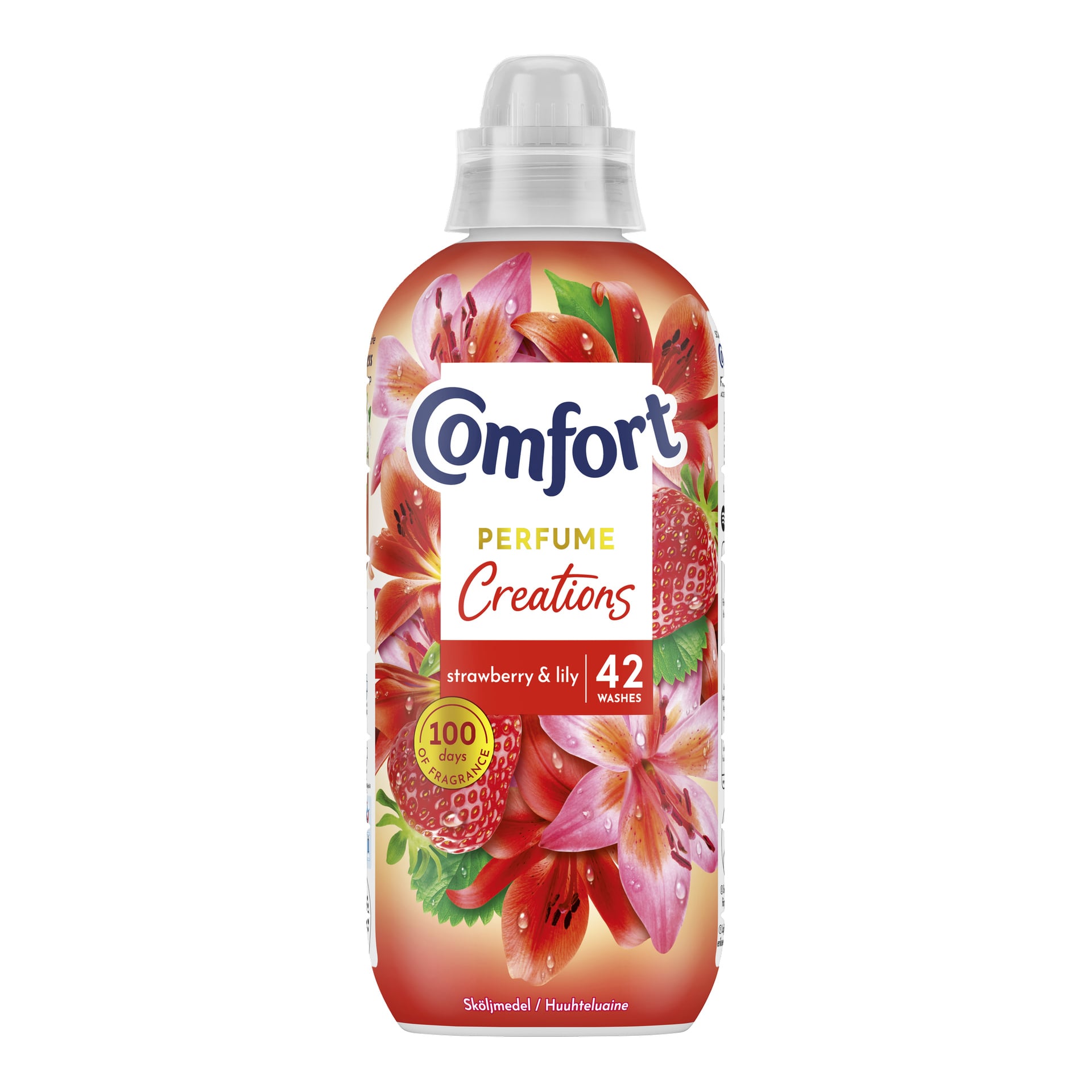 Pullo Comfort Softener Strawberry & Lilyä, koristeltuna mansikoilla ja liljoilla. Etiketissä lukee "42 pesua" ja "100 päivää tuoksua", lisätekstinä alareunassa.