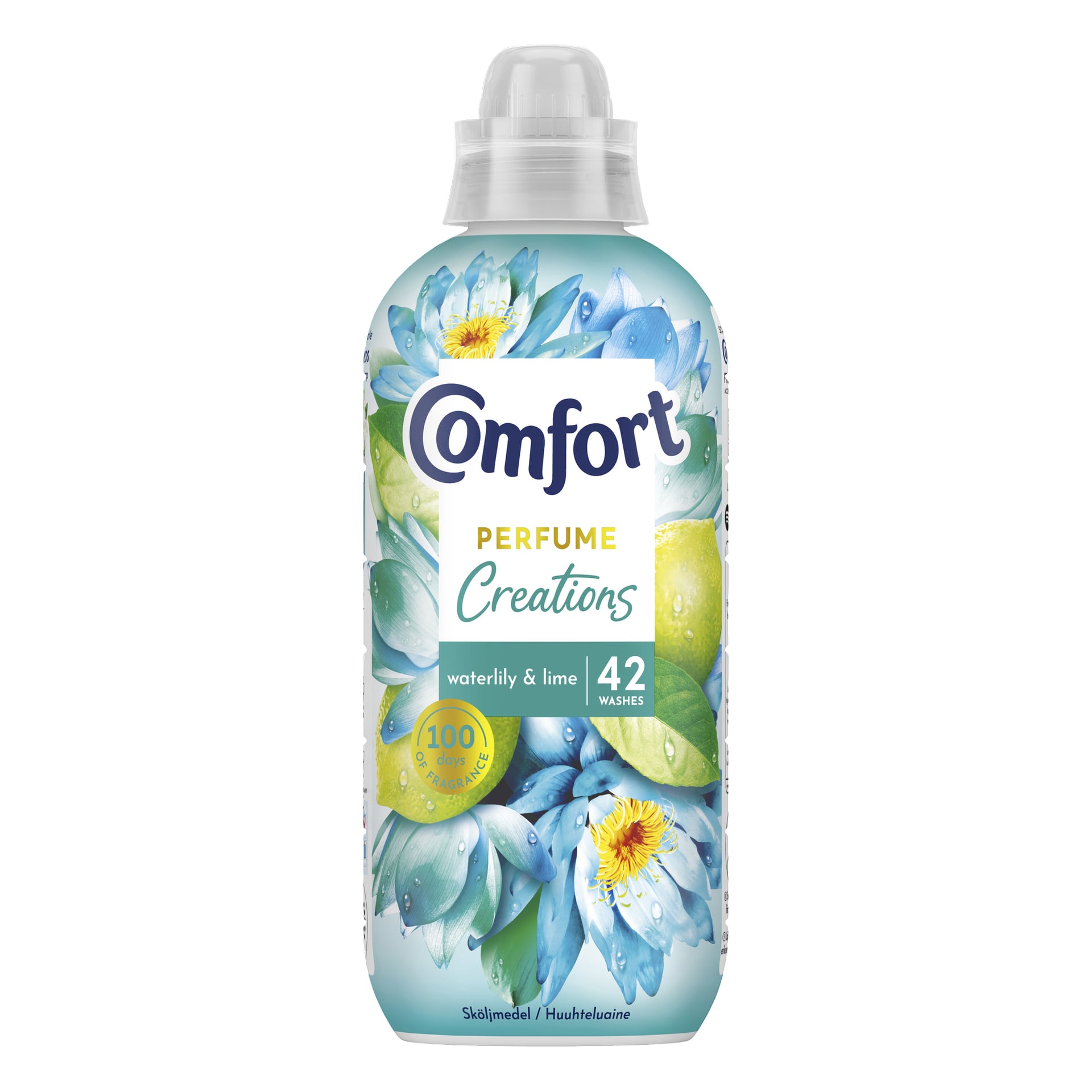 Pullo Comfort Softener Waterlily & Limea, jonka etiketissä lukee "42 pesua" ja "jopa 100 päivää tuoksua." Siniset kukat ja limet on kuvattu etiketissä.
