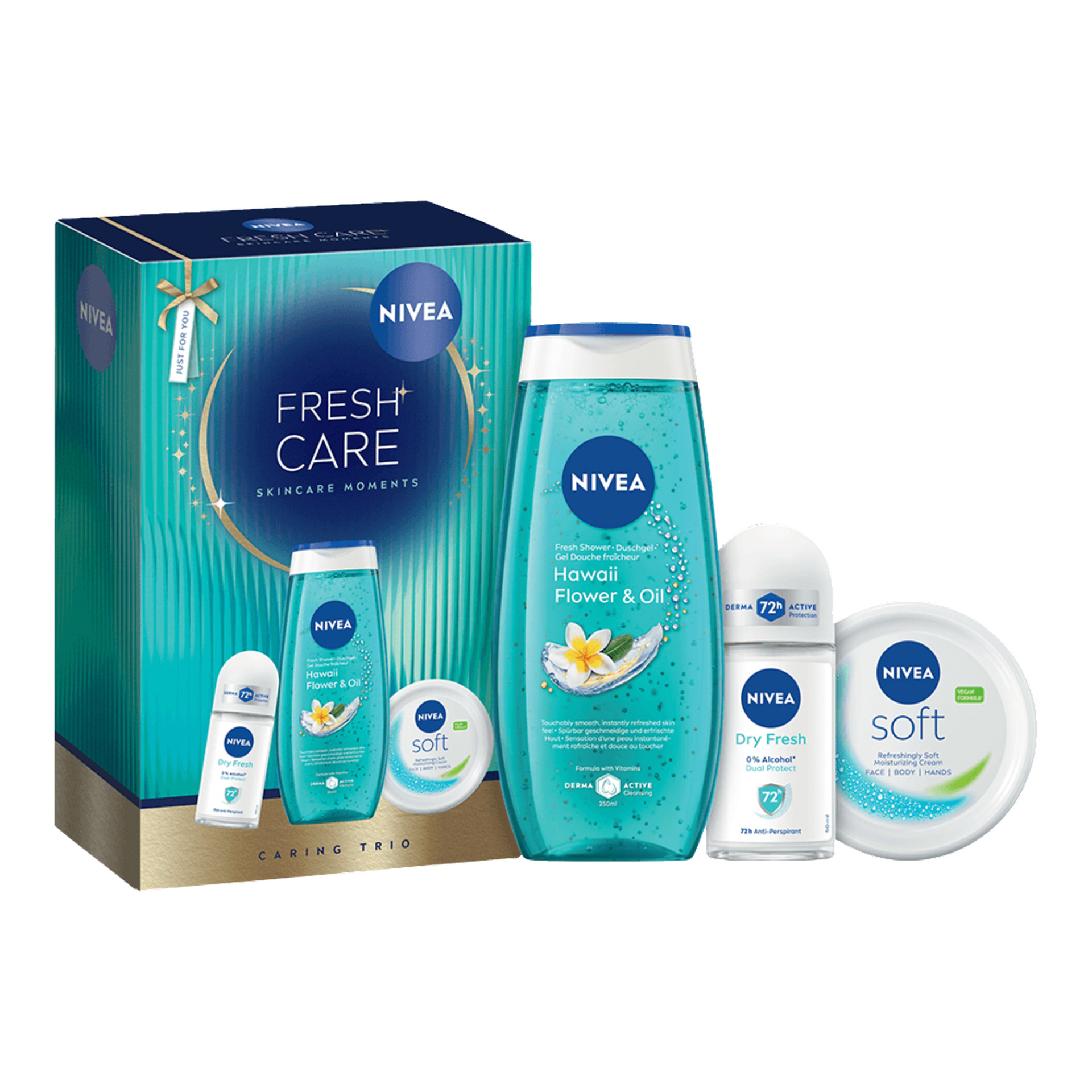 Nivea Fresh Care-presentsetet visar en duschgel, en deodorant-roll-on och en återfuktande kräm placerad framför en ask, teal- och guldfärgad Caring Trio.
