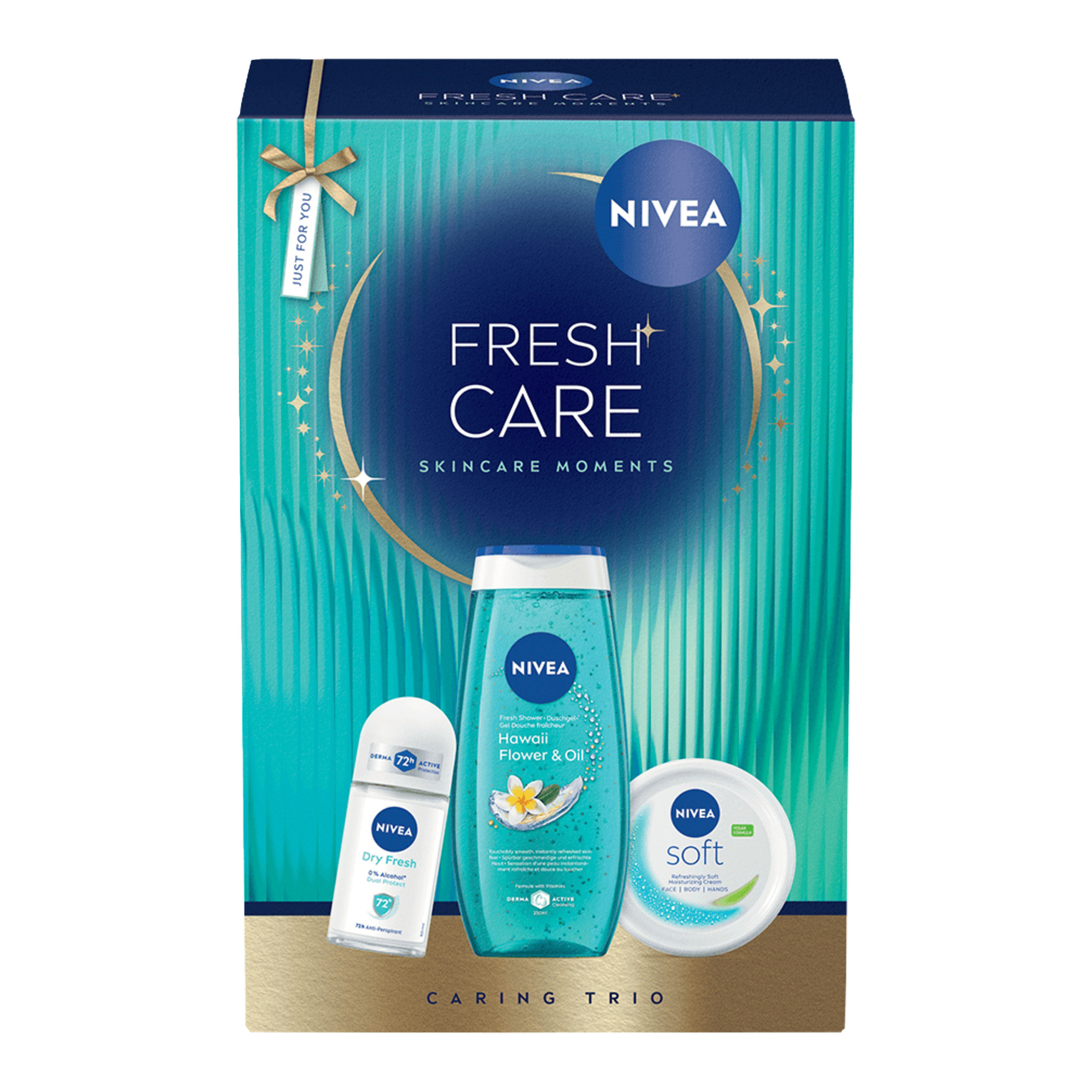 Nivea Fresh Care-presentsetet innehåller en torr fresh roll-on deodorant, Hawaii-blommor och olje duschgel samt mjuk återfuktande kräm, allt snyggt arrangerat i en teal- och guldfärgad Caring Trio-låda.