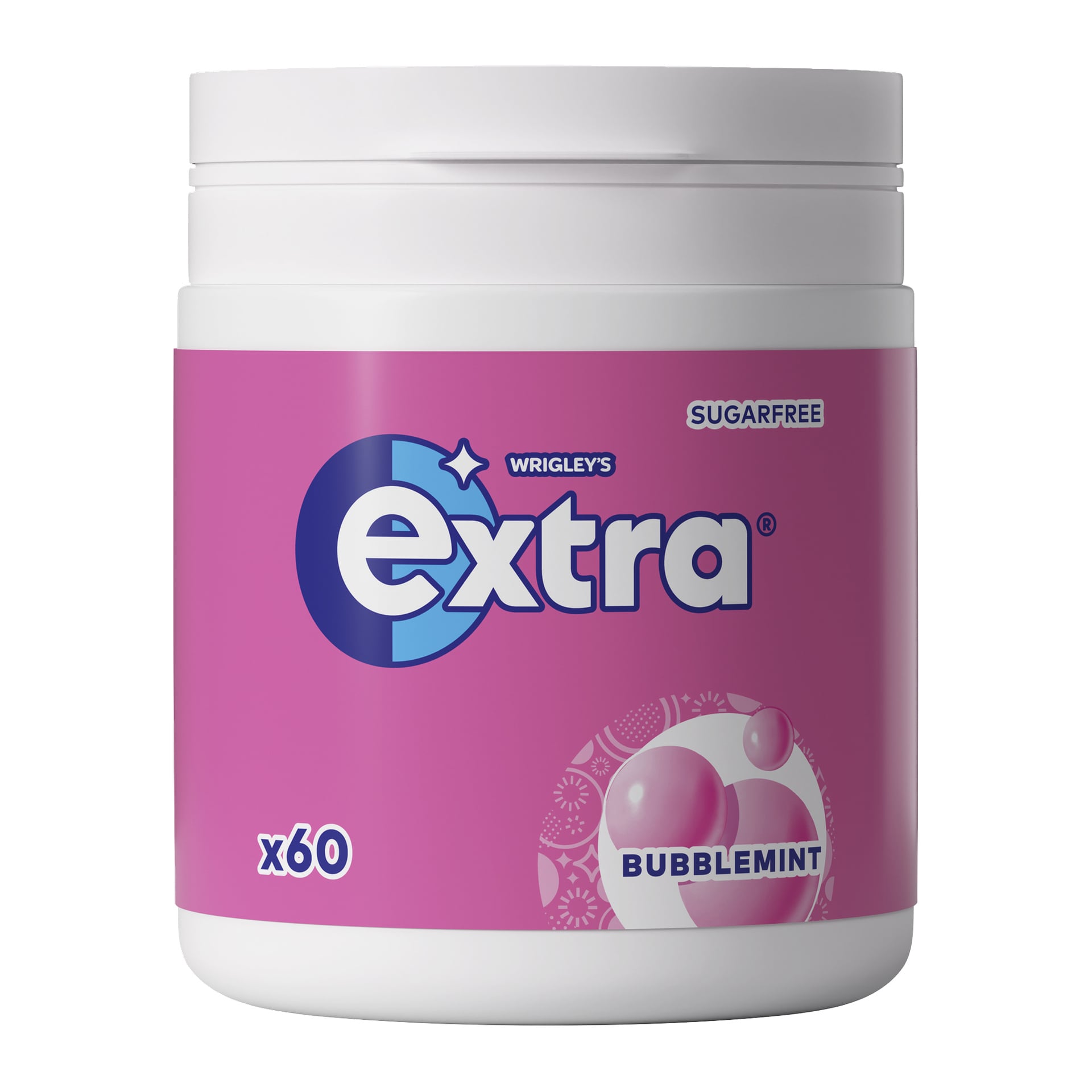 En hvit plastboks med Extra Bubbelmint Chewing Gum med rosa etikett viser Extra-logoen, bobletema-illustrasjoner og "x60" som viser at det er 60 sukkerfrie tyggegummier inni.