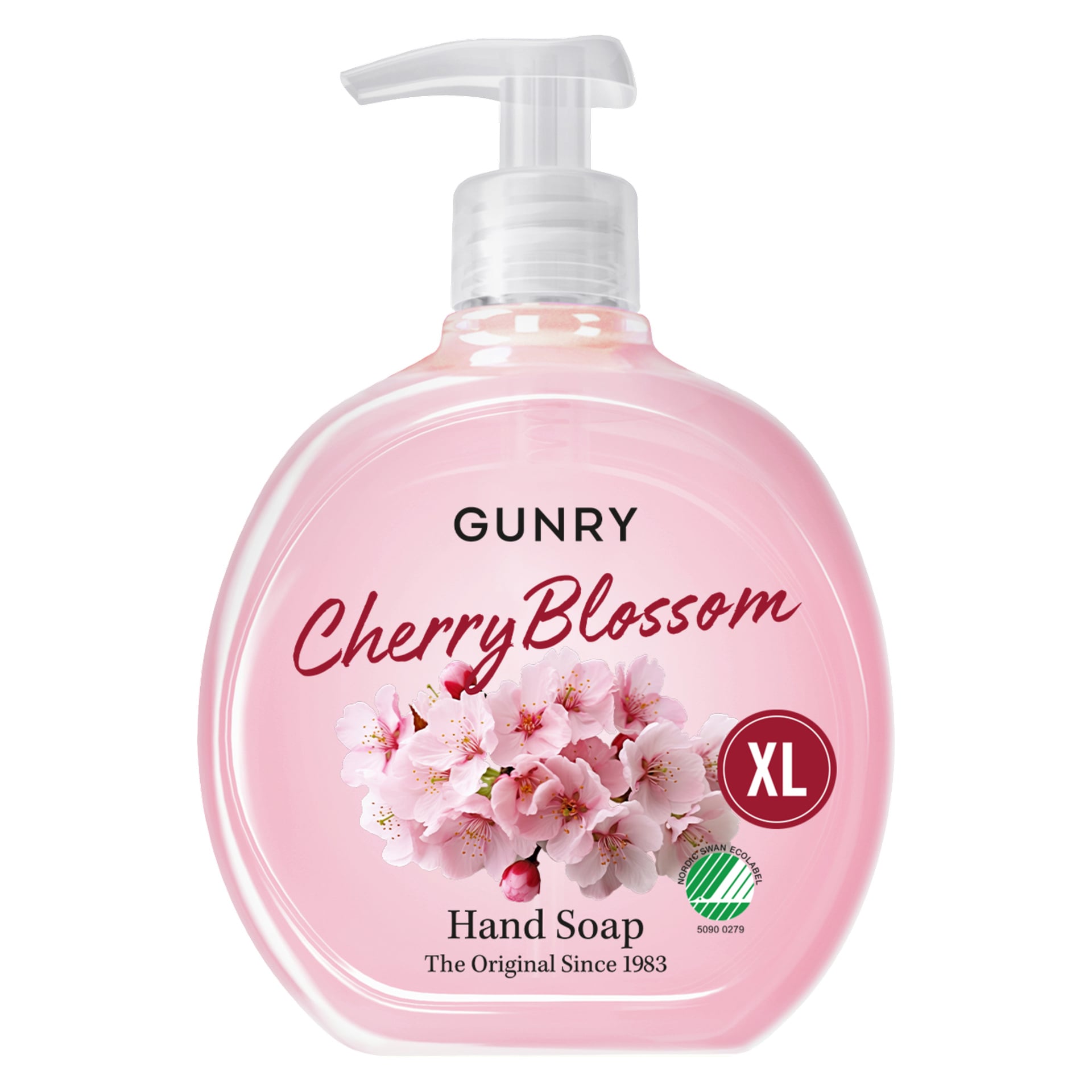 En genomskinlig plastflaska med etiketten "Gunry Hand Soap Cherry Blossom" innehåller rosa vätska och visar körsbärsblommor på etiketten. Texten lyder "The Original Since 1983."