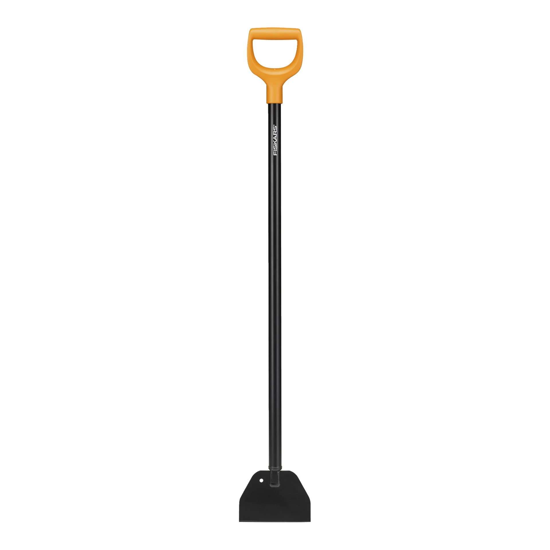 En Fiskars is- och barkskrapa med en svart metallskaft, brett platt blad och ett gult D-format handtag, som visas stående upprätt.