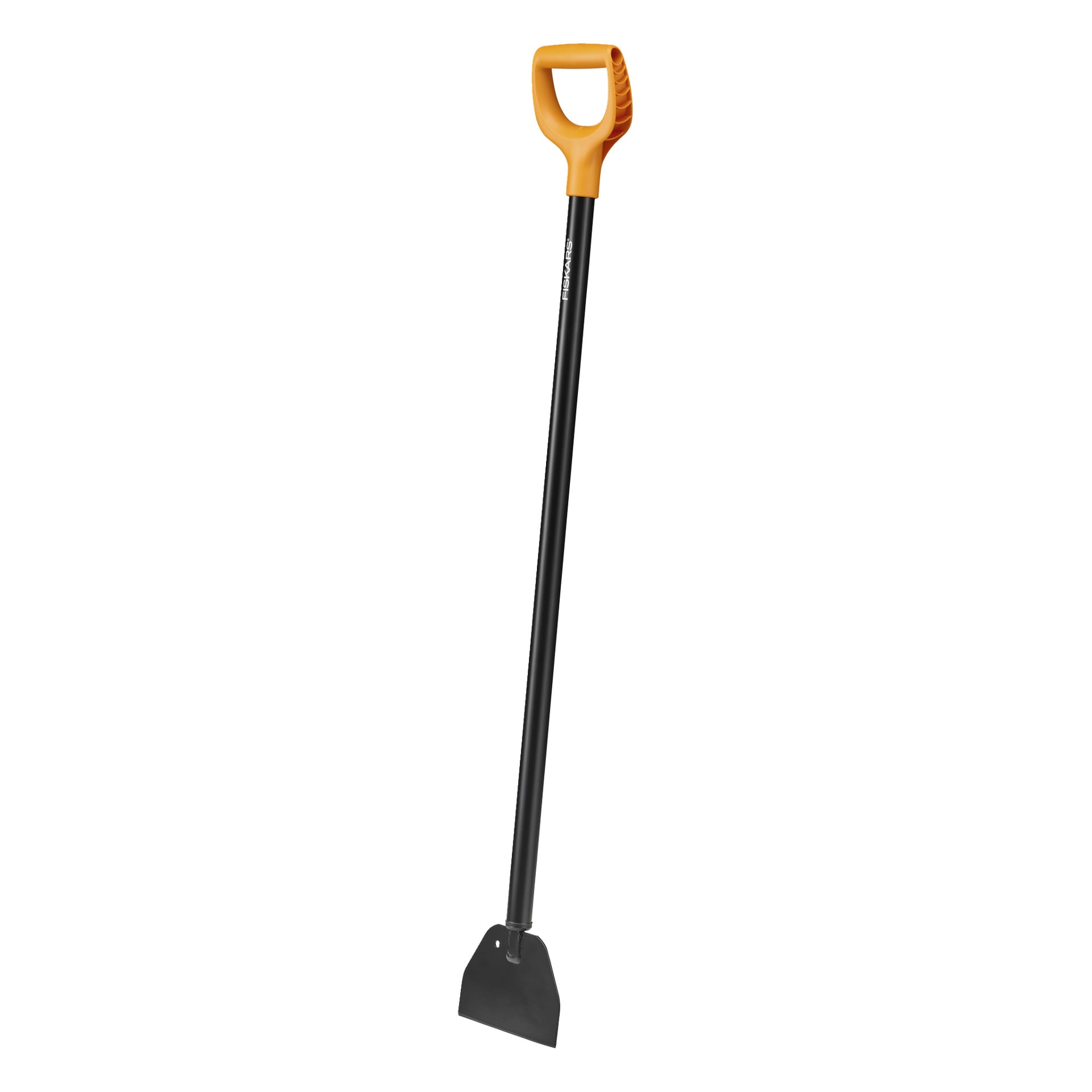 Fiskars Ice and Bark Scraper har ett långt, svart metallskaft, ett brett platt blad i bottenänden och ett gult D-format handtag upptill.