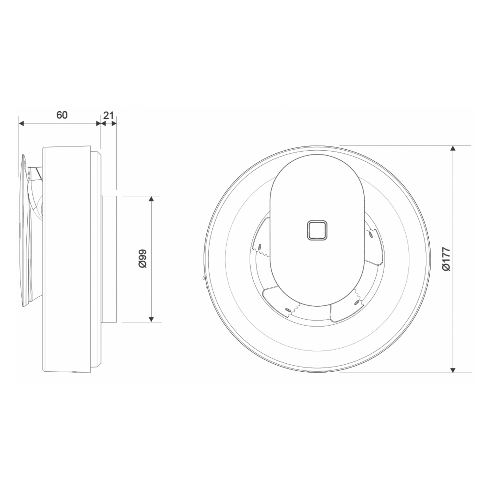 Pax Täysautomaattisen kylpyhuonetuulettimen Siroccon tekninen piirros näyttää sivu- ja ylänäkymät. Pyöreä tuuletin on 60 mm syvä ja siinä on 21 mm upotettu, ja sen halkaisijat ovat 99 mm ja 177 mm. Ylänäkymässä on ovaalimuotoinen keskiosa, jossa on neliönmuotoinen yksityiskohta.