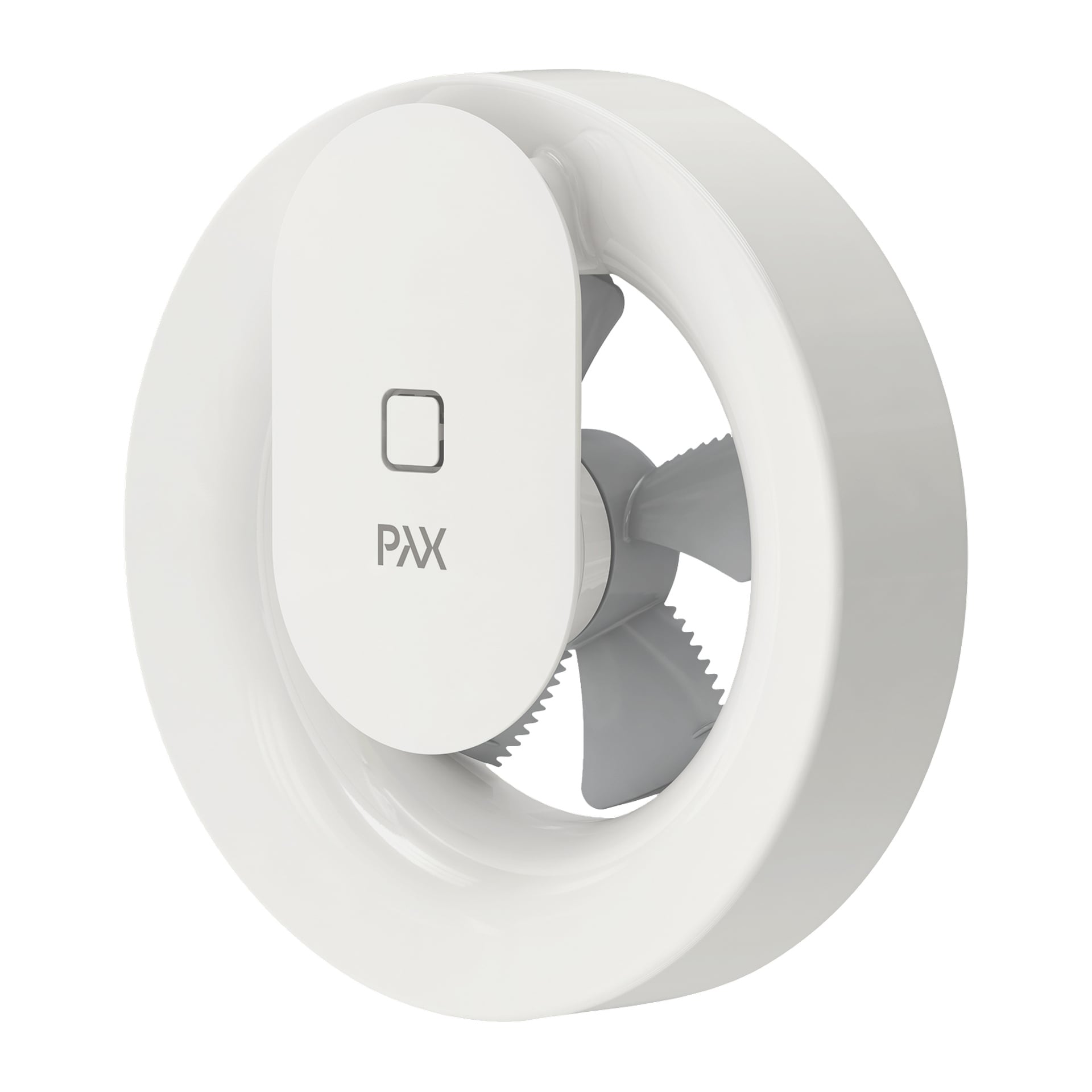 Moderni, kompakti tuuletin nimeltä Pax Fully Automatic Bathroom Fan Sirocco on valkoinen pyöreä muoto. Keskellä on suorakaiteen muotoinen kansi, jossa on "Pax"-logo ja pieni neliönmuotoinen ohjauspainike. Tuulettimen lavat näkyvät sileän kannen takana.