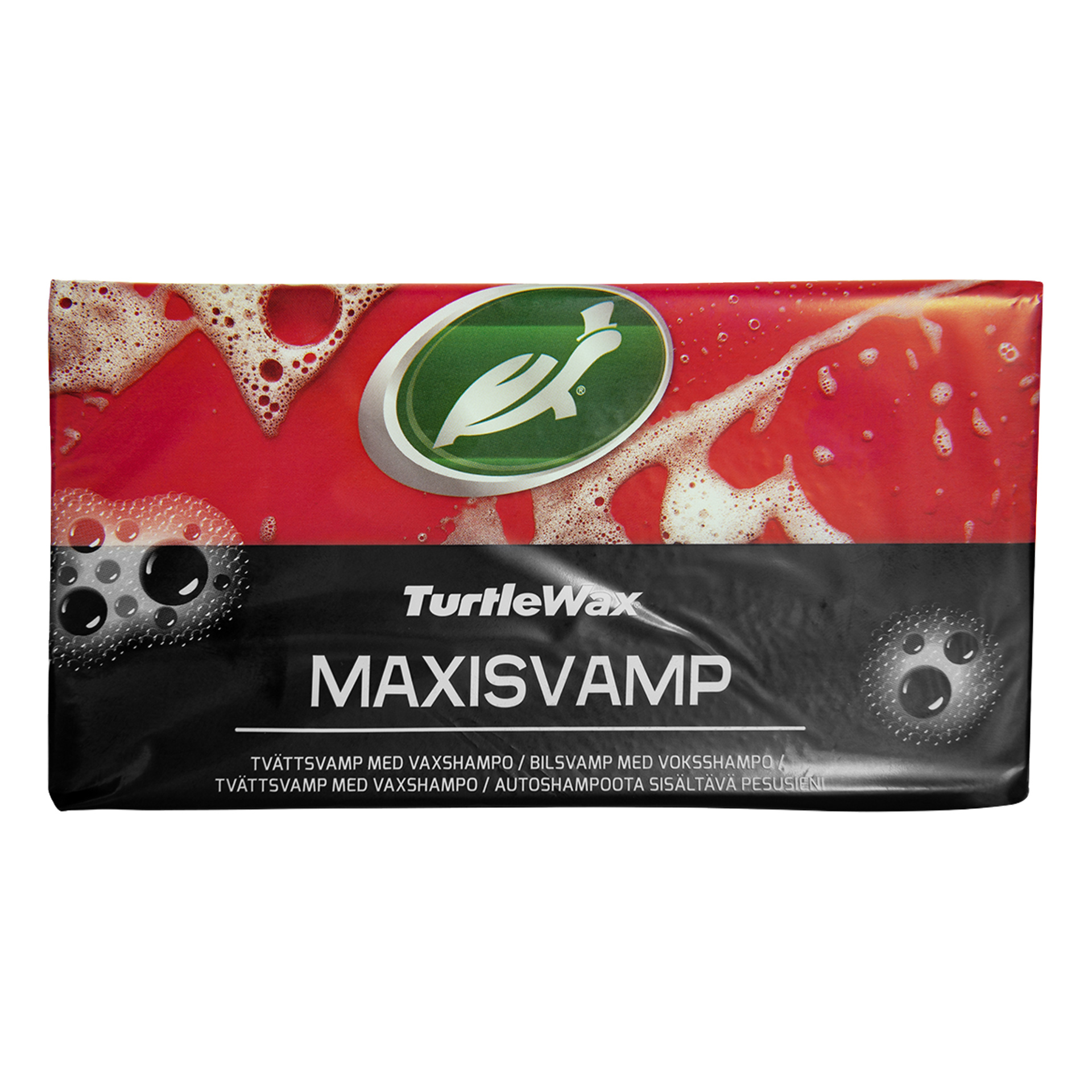 Ett paket med Turtle Wax Maxisvamp biltvättsvamp, med en grön och vit logga på rött, tvålbubblor och produktdetaljer.