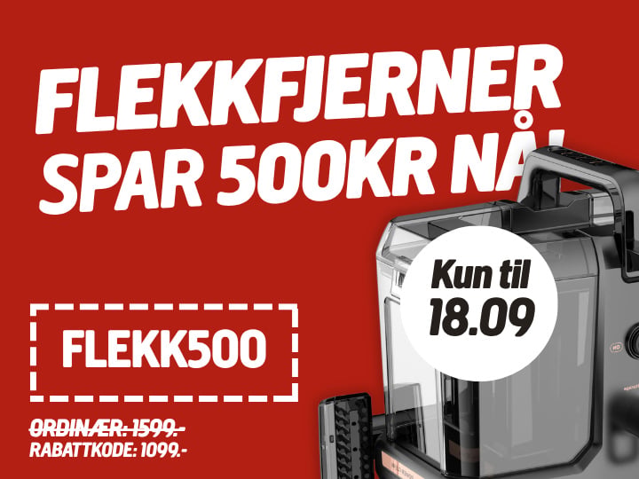 Rød og hvit annonse for et rengjøringsprodukt. Hovedteksten lyder: «FLEKKFJERNER – SPAR 500 KR NÅ.» Rabattkoden FLEKK500 vises, og det opplyses at tilbudet kun gjelder frem til 18.09. Normalprisen er 1599, redusert til 1099 med koden. Produktet vises delvis på høyre side.