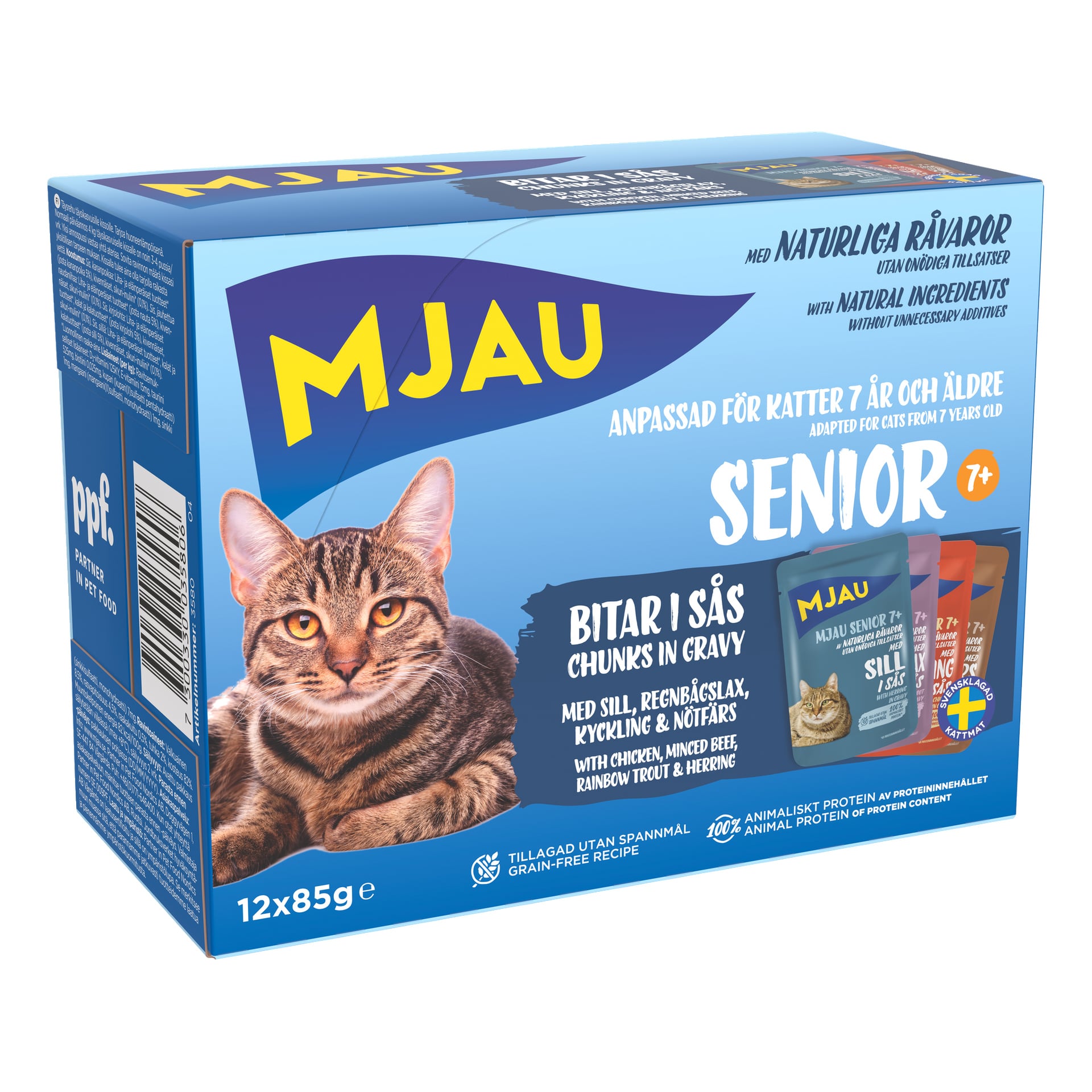 En blå låda med Mjau Wet Cat Food Multibox Senior 12-pack, med ett foto av en tabbykatt och texten: "bitar i sås med kyckling, nötkött och fisk för seniorkatter 7+".