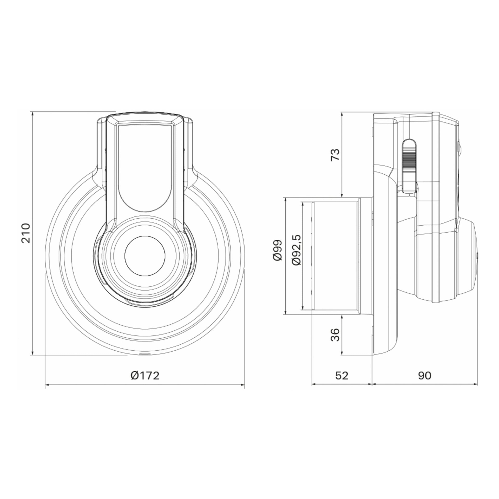 Tekninen piirros Pax Bathroom -tuulettimesta Passad 00 (pyöreä, seinään kiinnitetty), jossa on kaksi näkymää mittoineen: "210 mm korkeus", "172 mm halkaisija", "99 mm sivuhalkaisija" ja syvyyksillä merkitty "52 mm", "36 mm" ja "73 mm.".