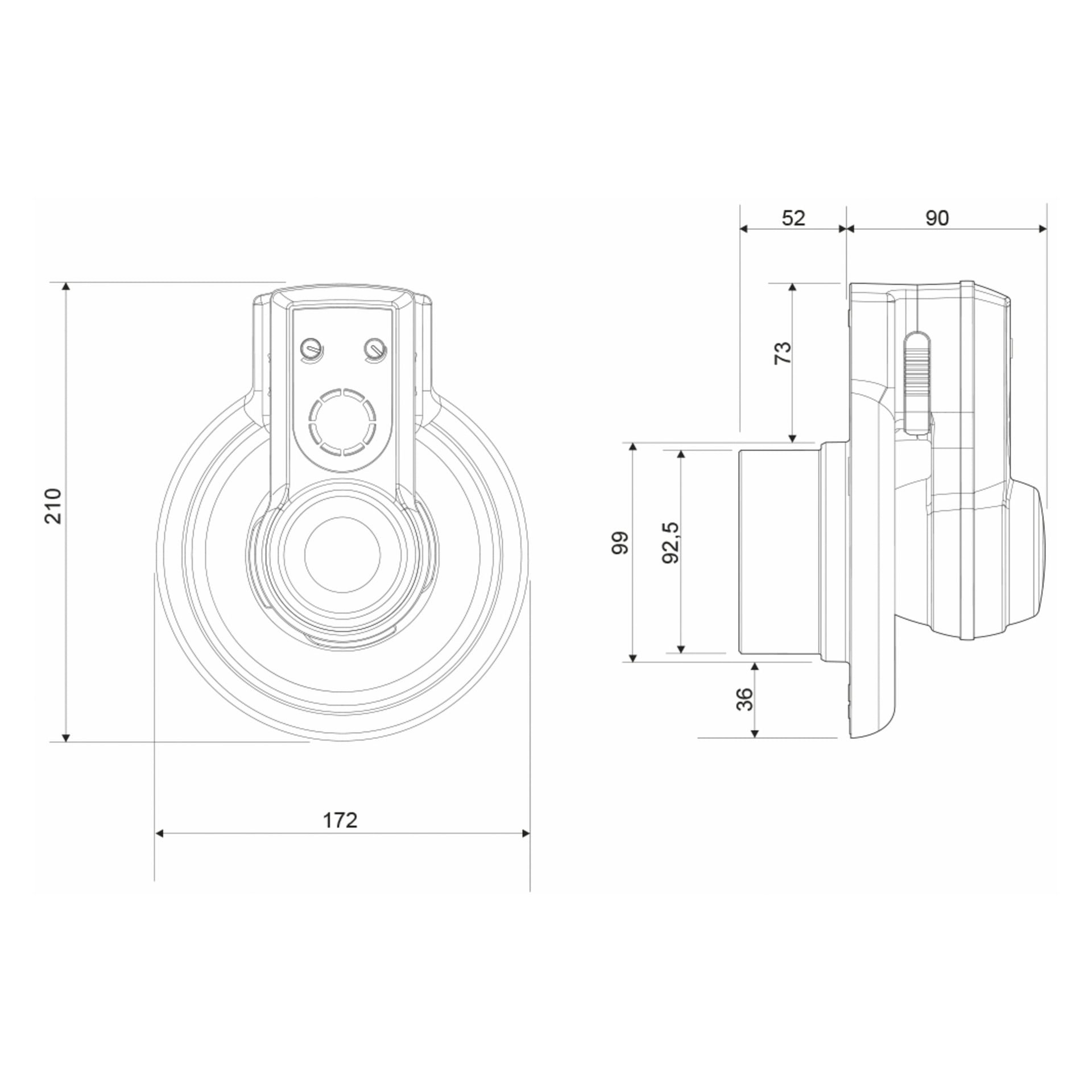 Tekninen piirros, jossa on "Pax Bathroom -tuuletin kosteus- ja valosensorilla Passad 30" sekä etu- että sivukuvassa, mitat merkittynä: "korkeus 210 mm", "leveys 172 mm", plus sivunäkymämitat "99 mm" ja "92,5 mm".